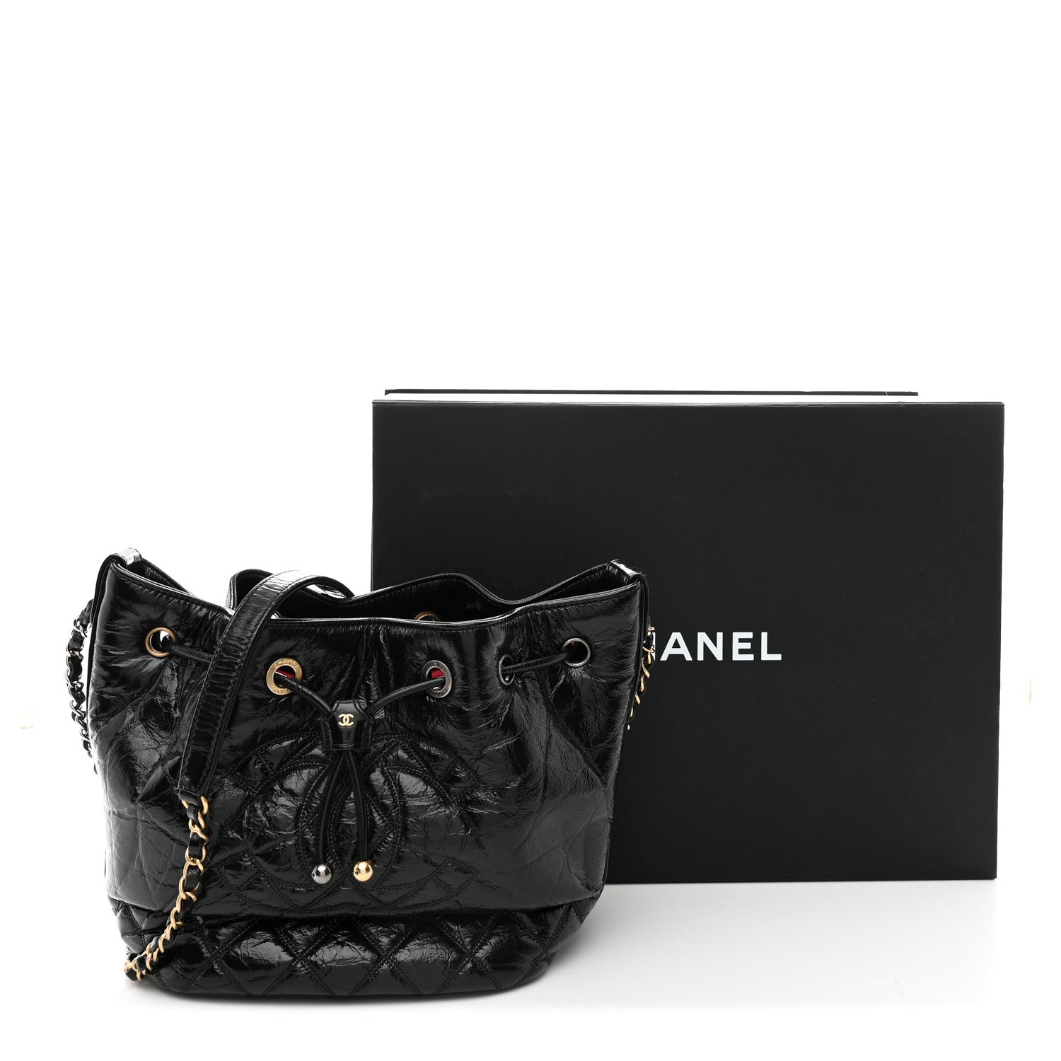 Shiny Aged Calfskin CC Chain Drawstring Bag Black