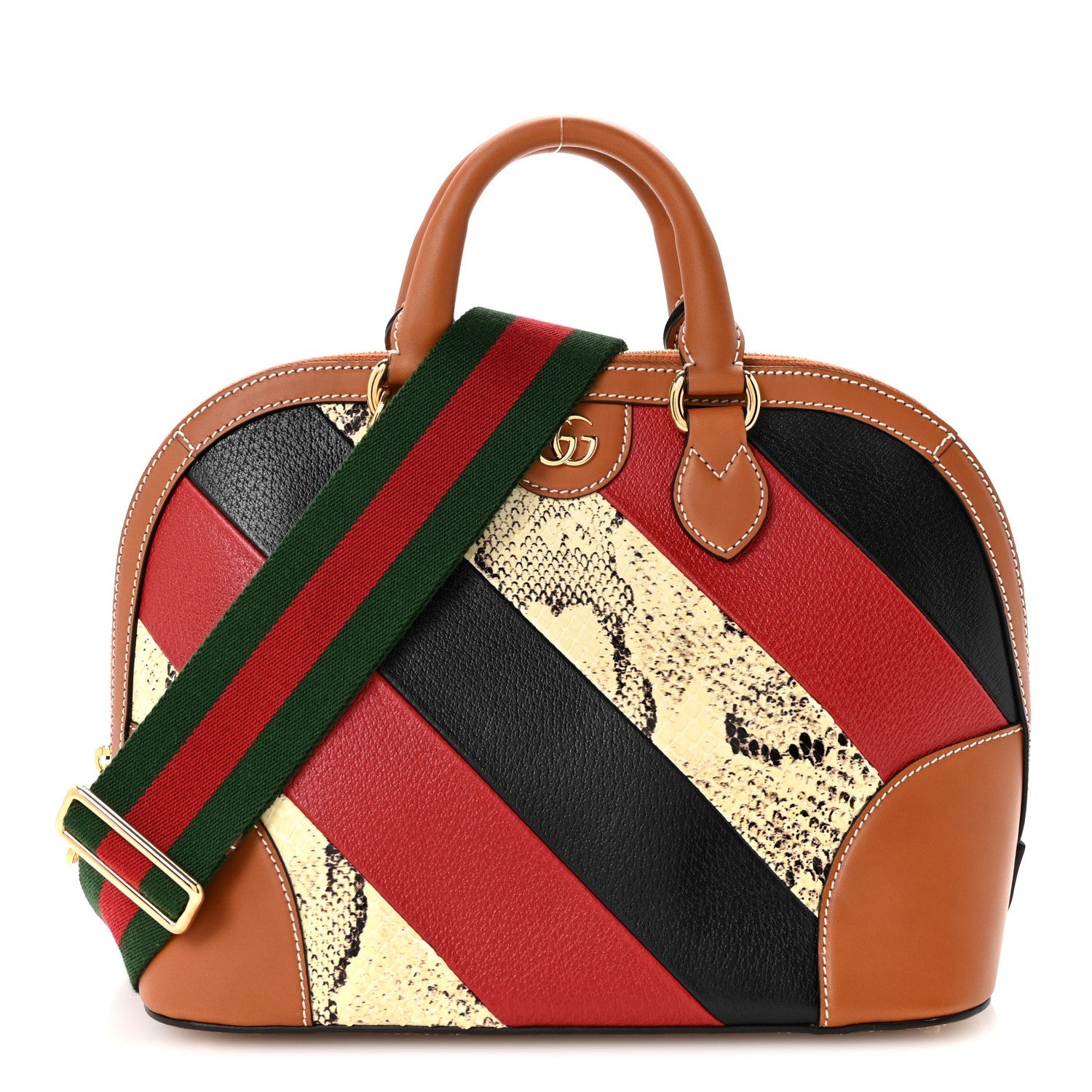X DANS LE VERT Calfskin Snakeskin Medium Top Handle Dome Bag Brown Multicolor