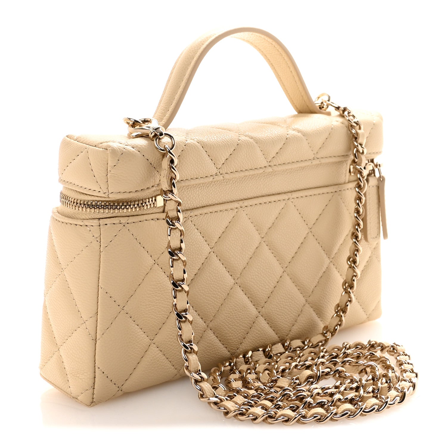 Caviar Quilted Top Handle Slim Vanity With Chain Beige