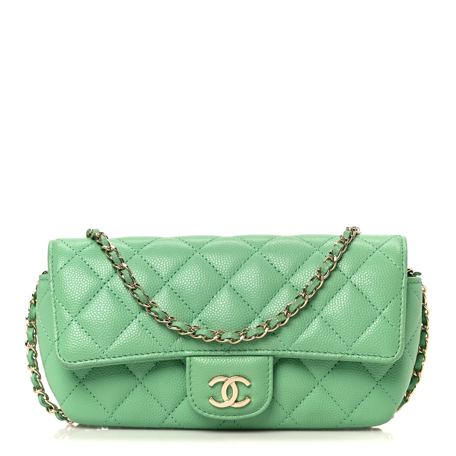 Caviar Quilted Flap Phone Holder With Chain Green
