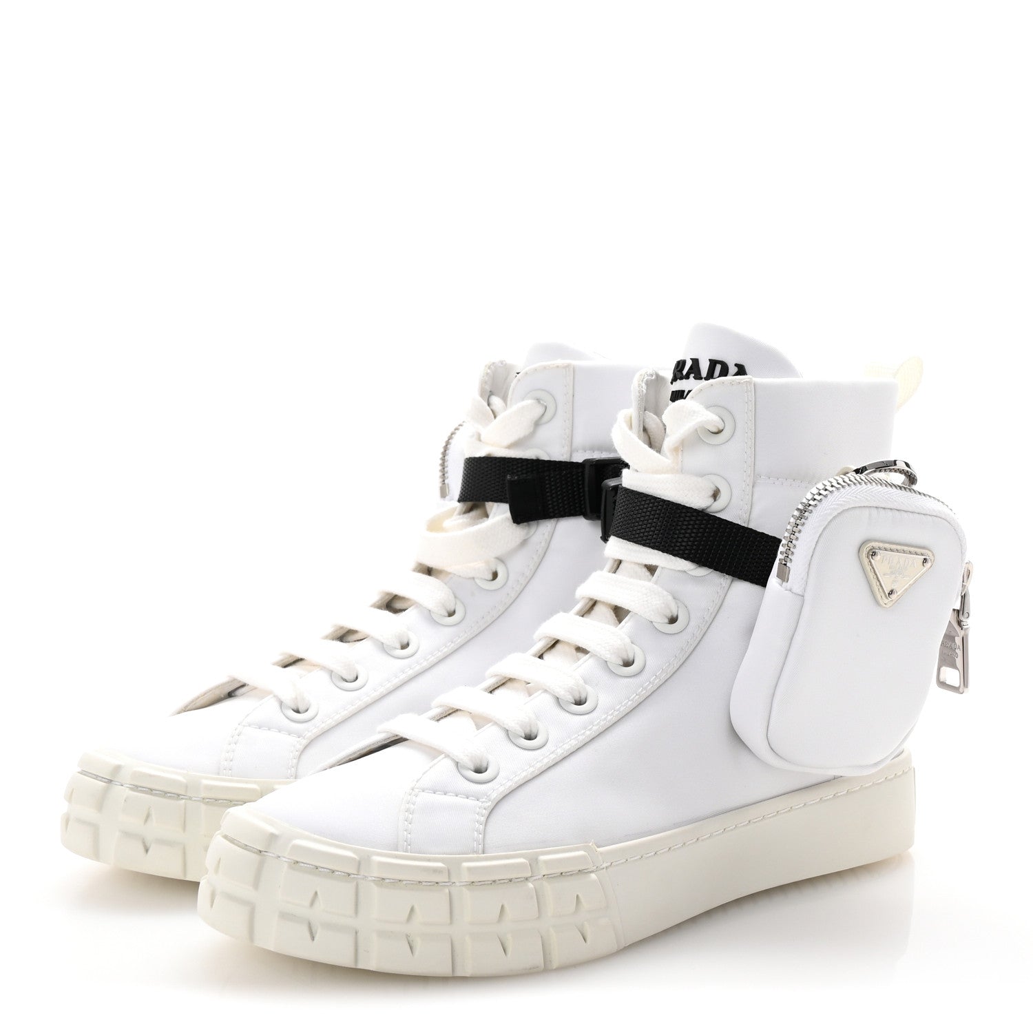 Re-Nylon Gabardine Metal Triangle Logo Wheel Pouch Pocket High Top Sneakers 36 White