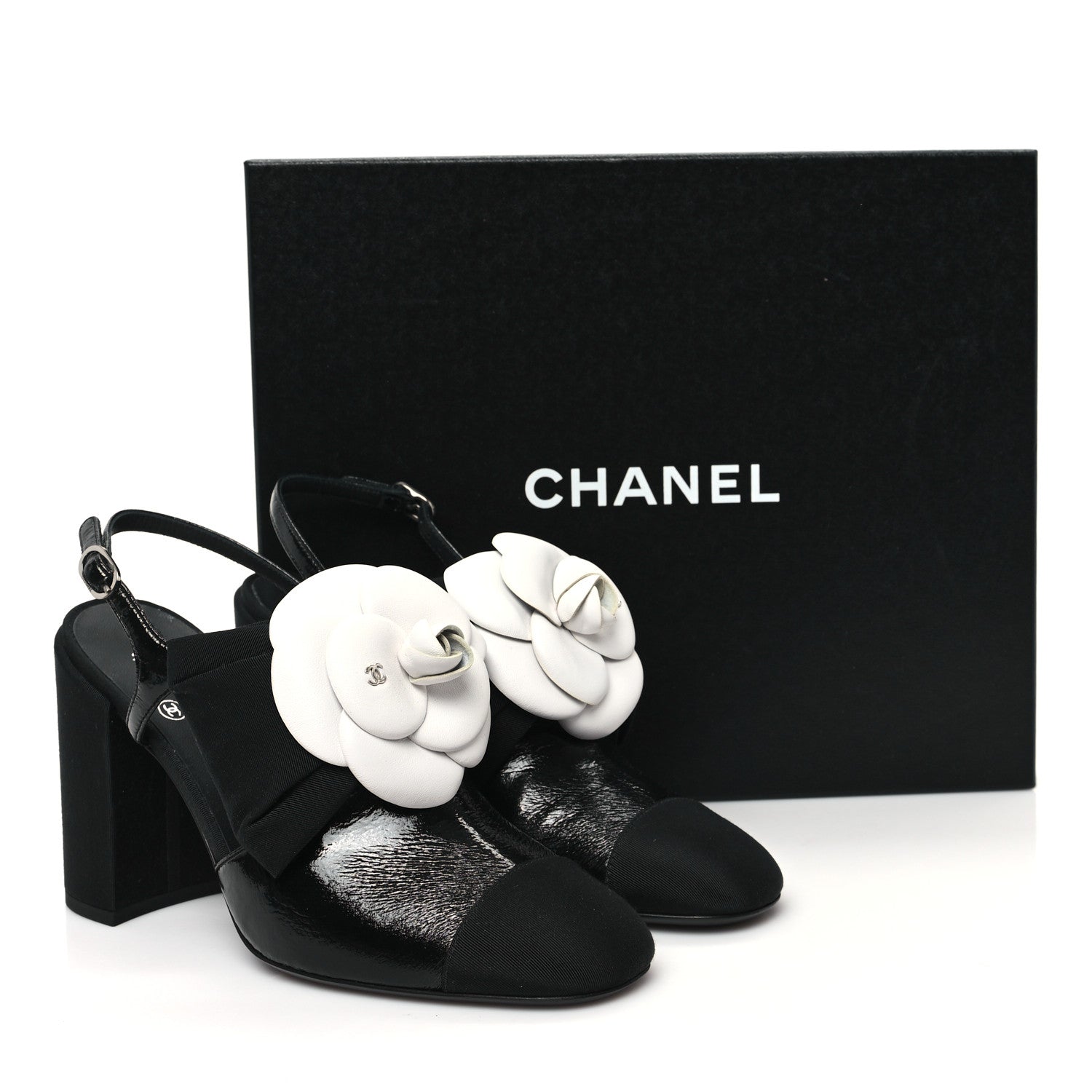 Crumpled Shiny Fabric Grosgrain Cap Toe Camellia Bow Slingback Pumps 38 Black