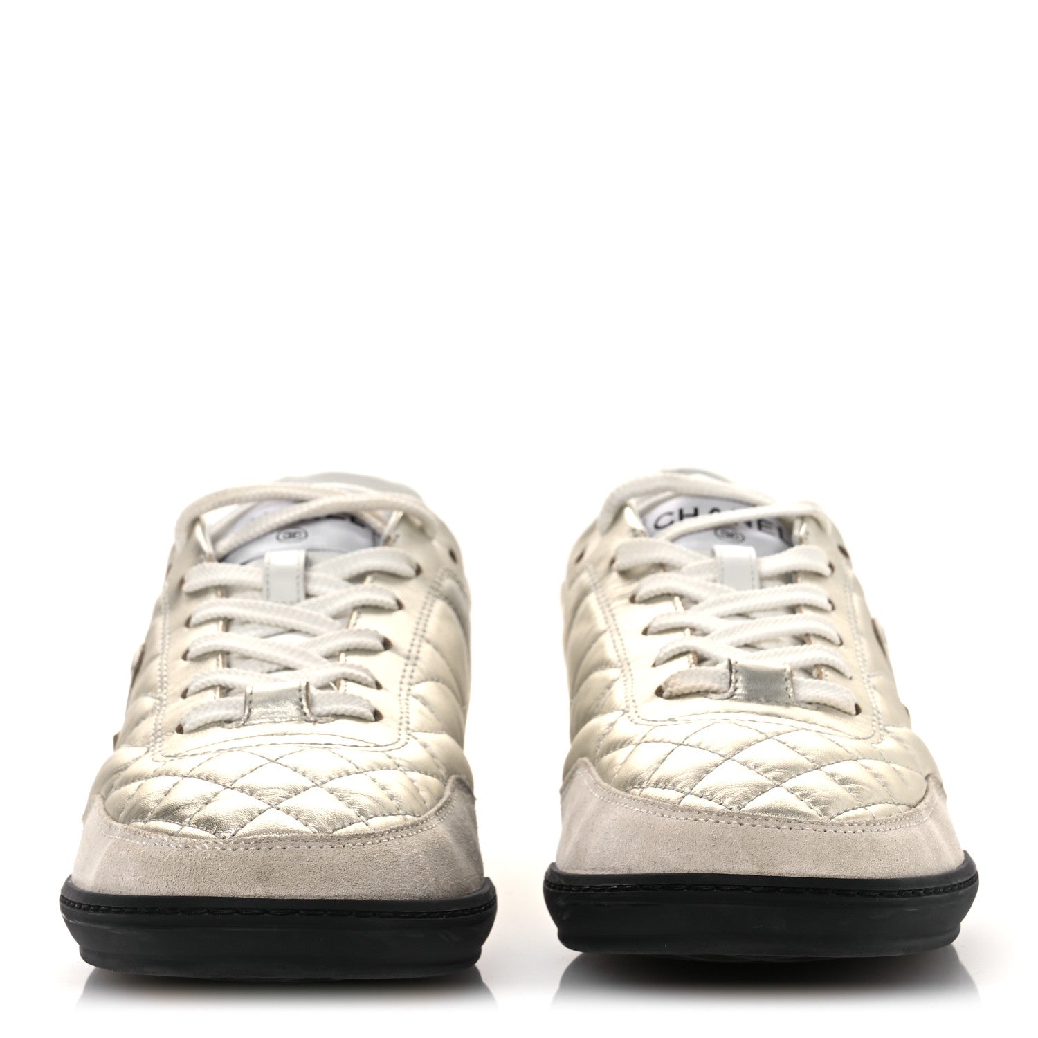 Laminated Calfskin Suede Quilted Womens CC Sneakers 39 Silver White