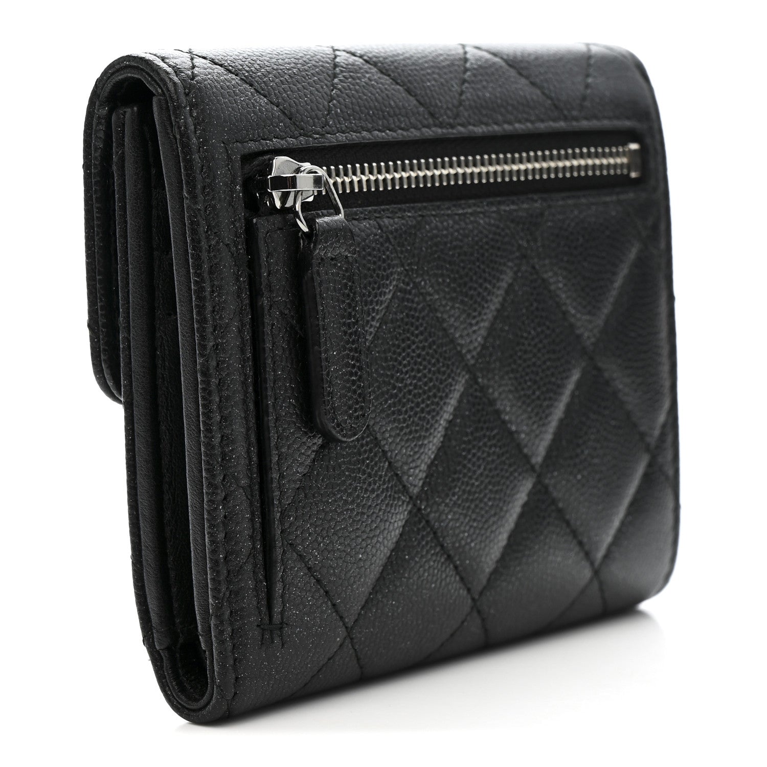 Iridescent Caviar Quilted Compact Flap Wallet Black