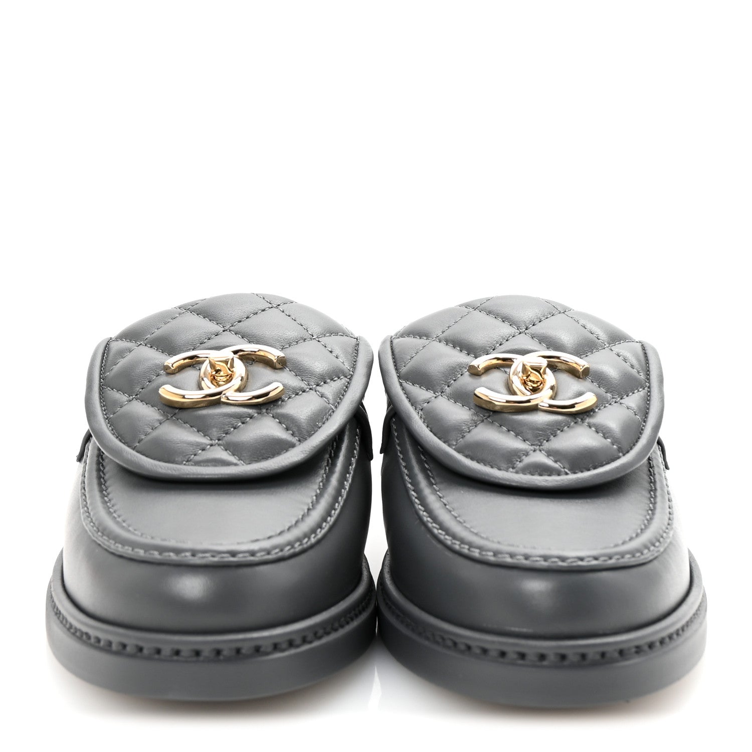 Lambskin Quilted CC Turnlock Mules 37 Dark Gray