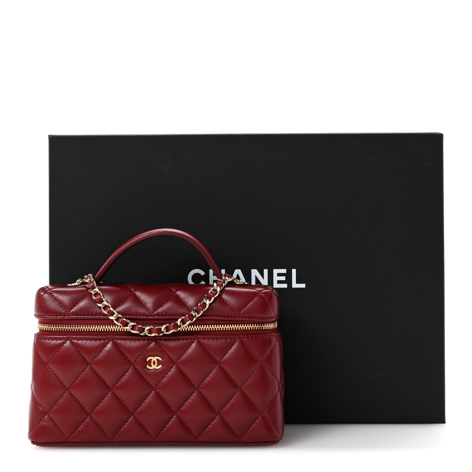Lambskin Quilted Top Handle Slim Vanity With Chain Burgundy