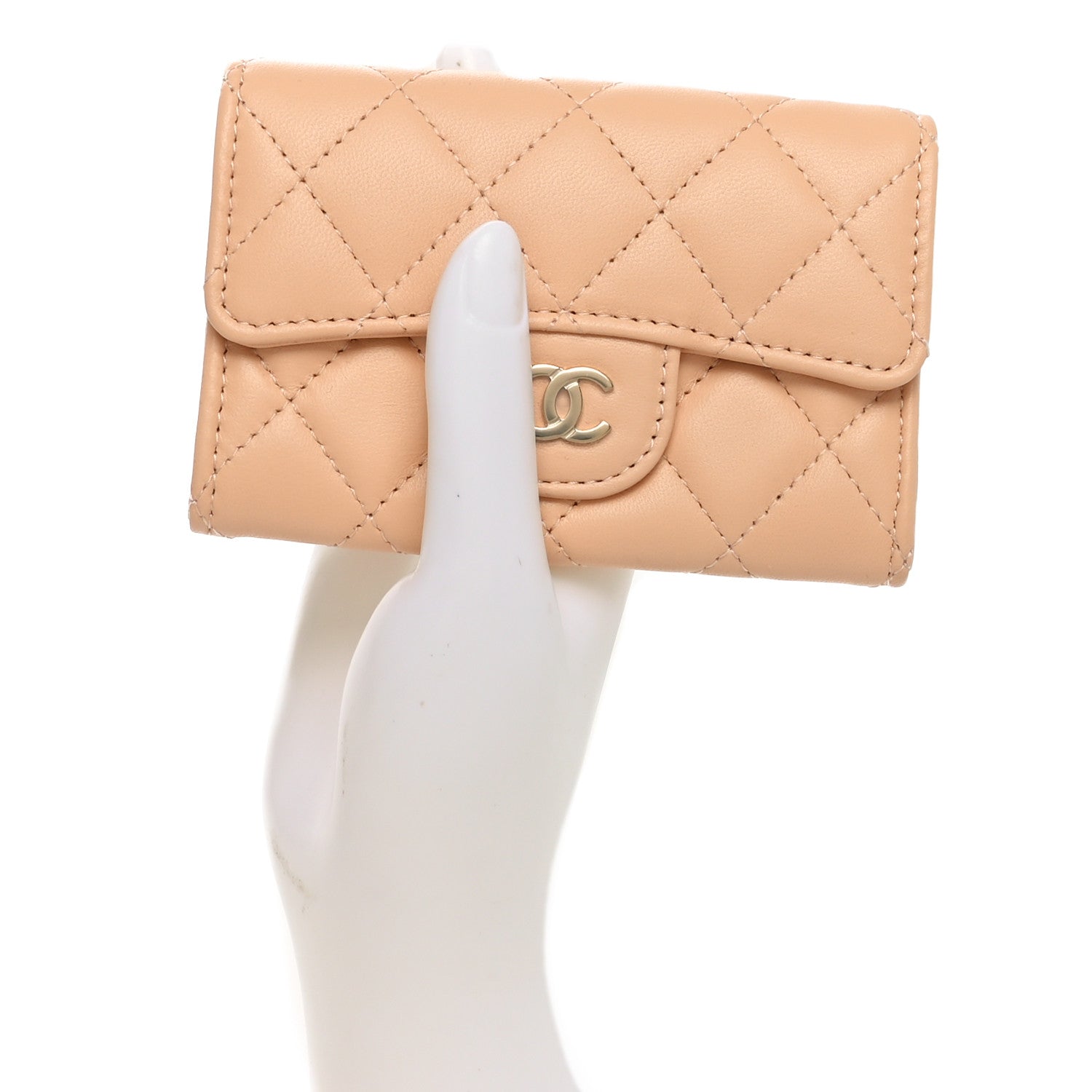 Lambskin Quilted Flap Card Holder Wallet Beige