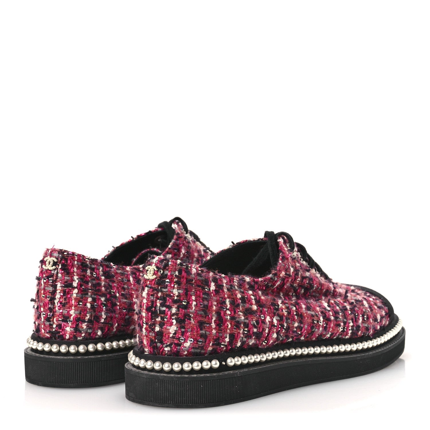Tweed Grosgrain Sequin Pearl Lace Up Sneakers 40 Black Pink