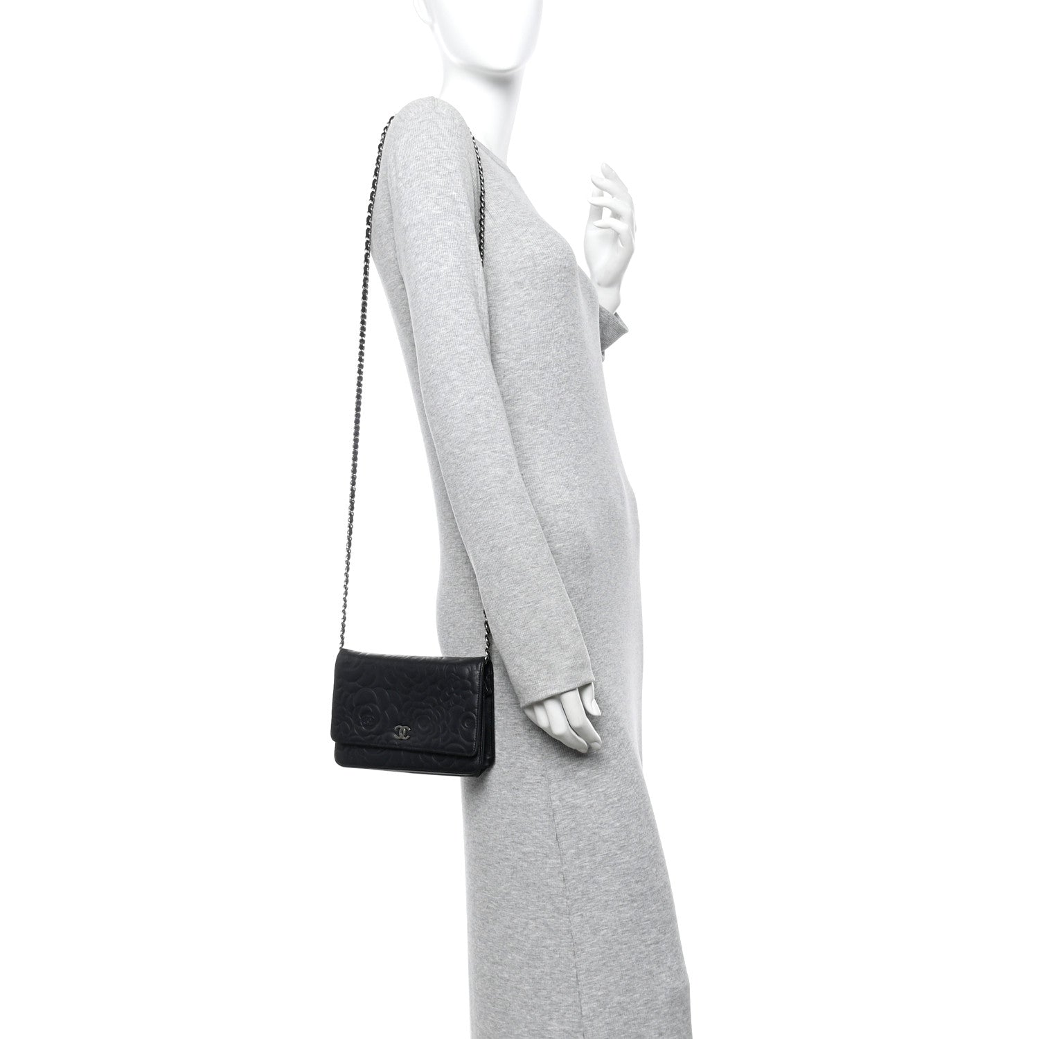 Lambskin Camellia Embossed Wallet On Chain WOC Black