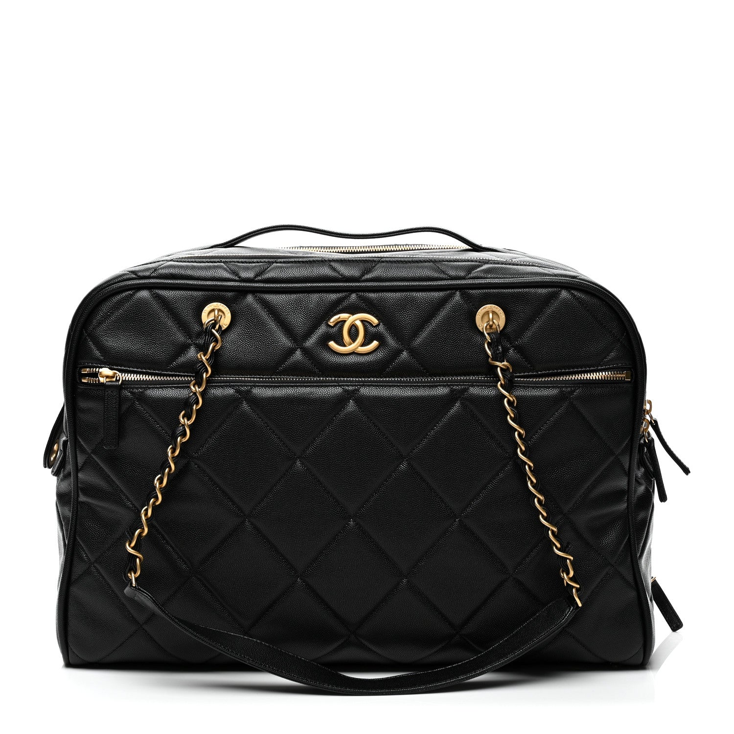 Shiny Grained Calfskin Quilted Travel Bowling Bag Black
