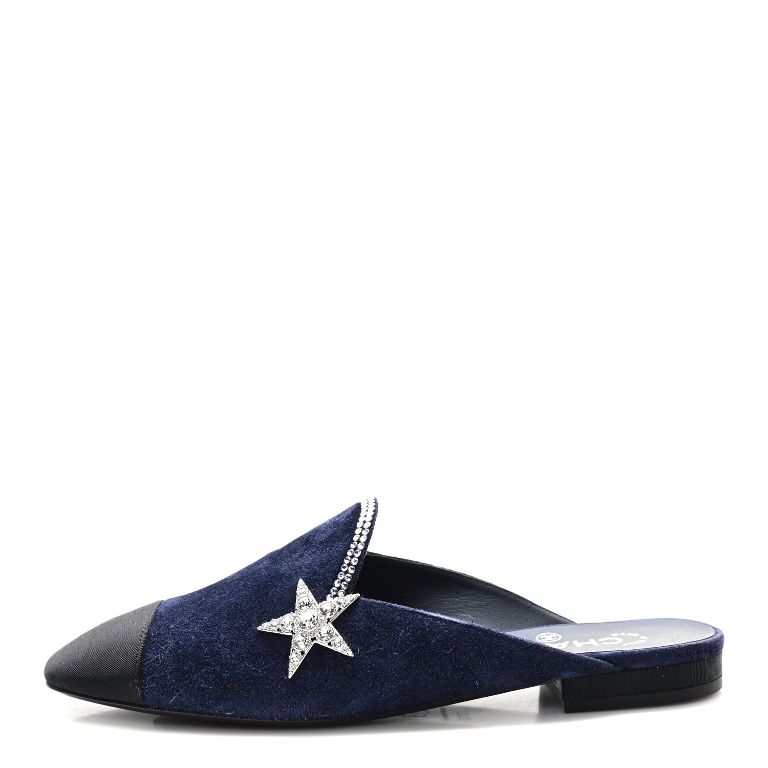 Suede Calfskin Grosgrain Crystal CC Star Mules  37.5 Blue Black
