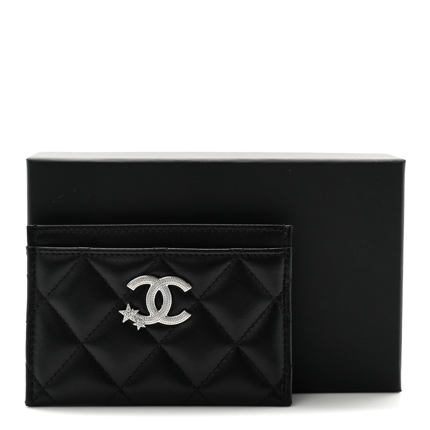 Lambskin Crystal Quilted Studded CC Card Holder Black