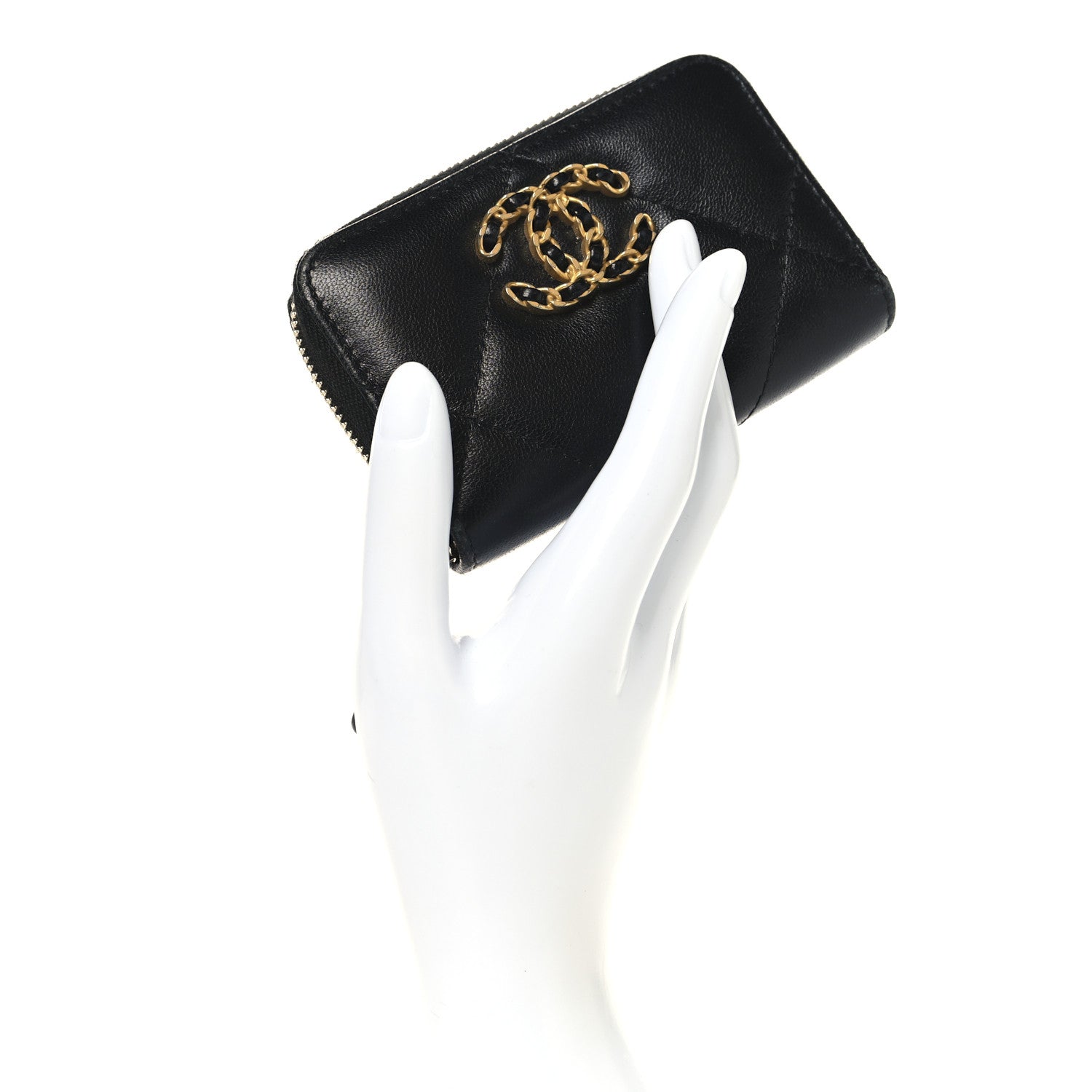 Lambskin Quilted Chanel 19 Zip Around Coin Purse Wallet Black