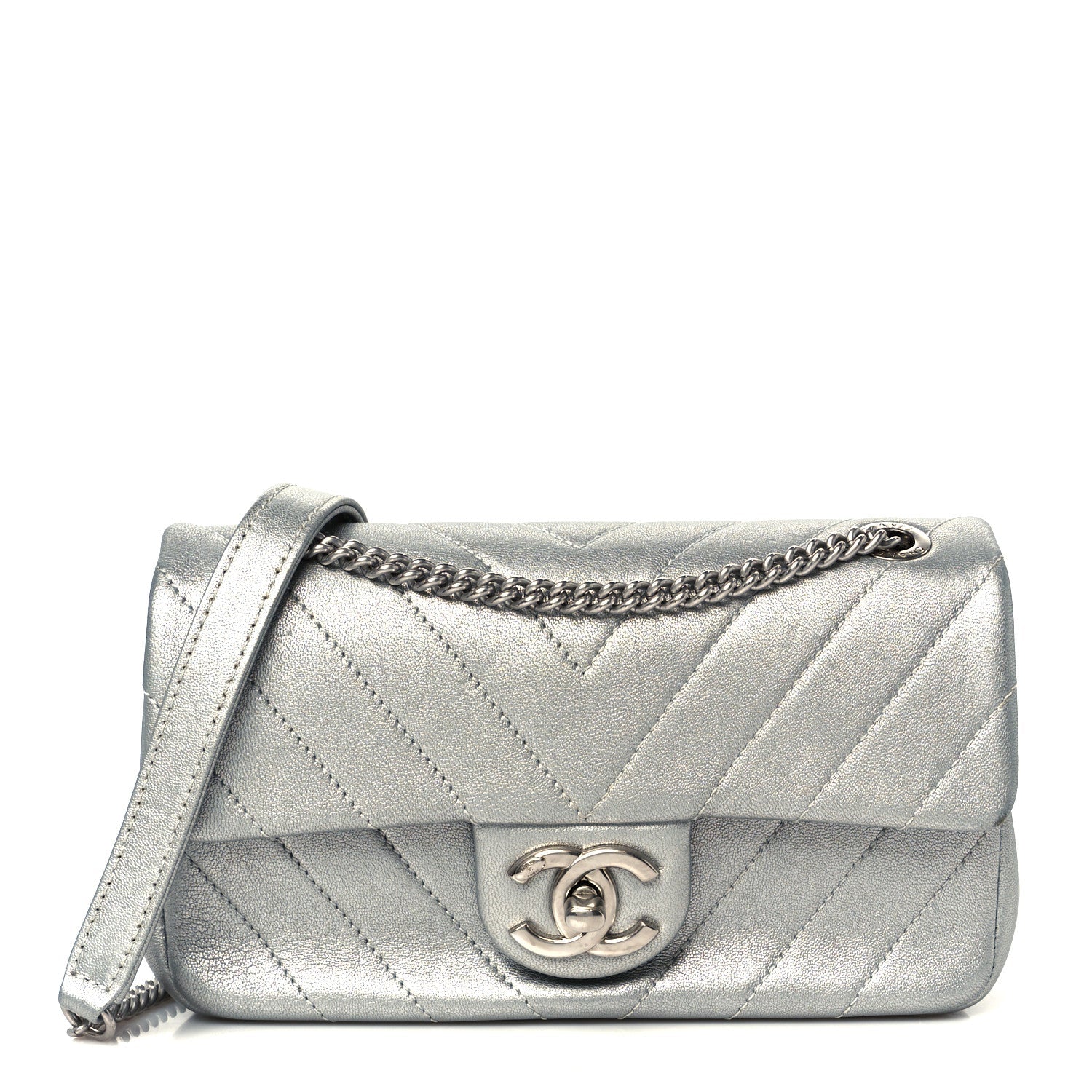 Metallic Lambskin Chevron Quilted Mini Rectangular Flap Silver
