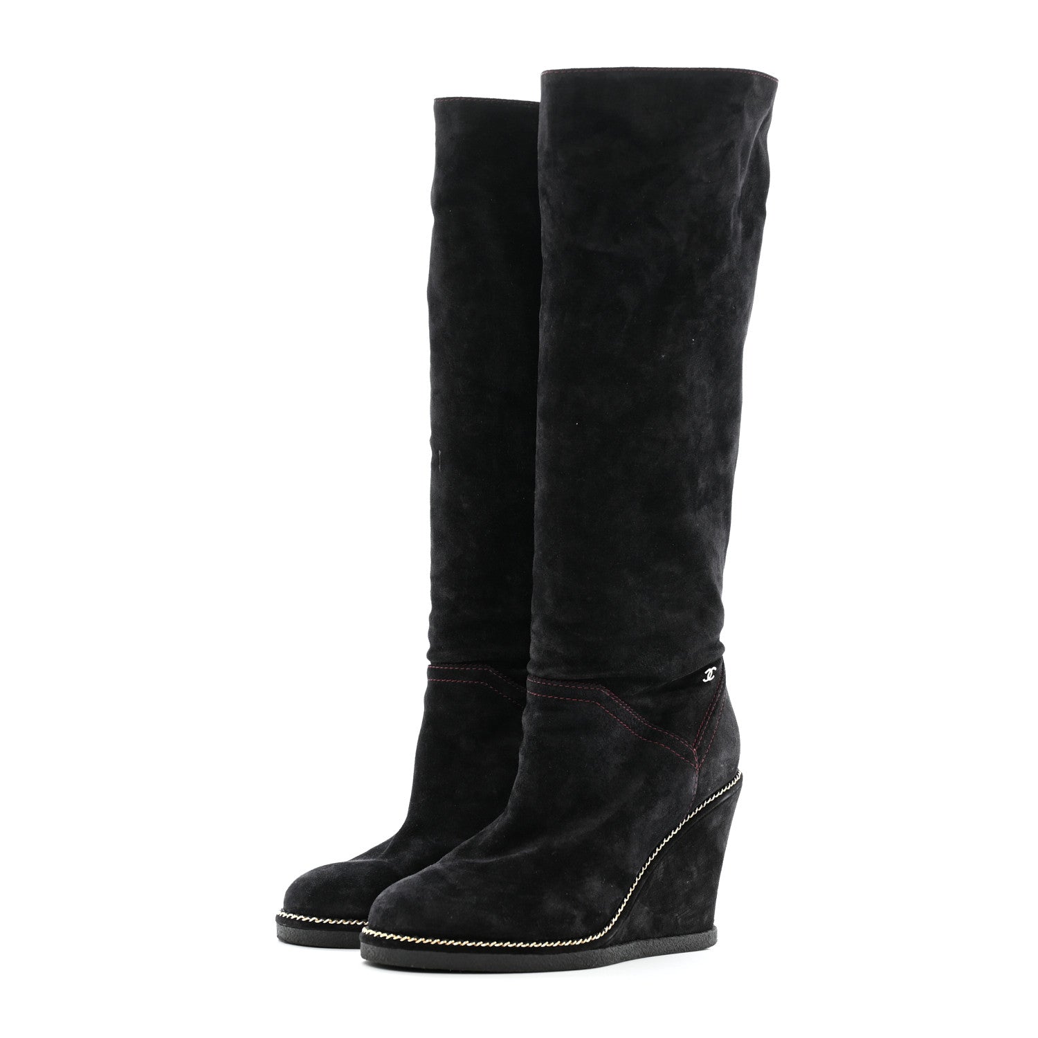 Suede Calfskin Chain Around High Boots 41 Black