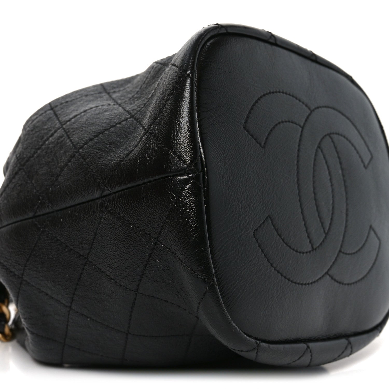 Shiny Lambskin Quilted Fashion Therapy Bucket Drawstring Bag Black