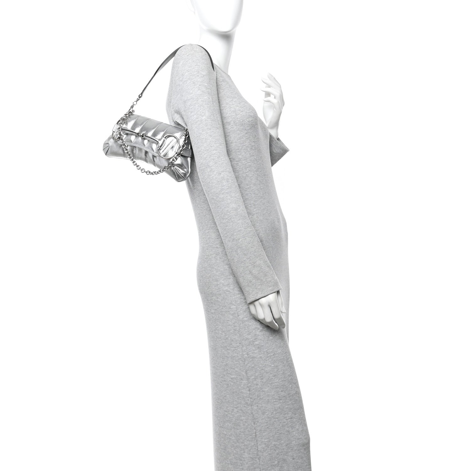 Metallic Nappa Vertical Matelasse Small Maxi Horsebit Chain Shoulder Bag Silver