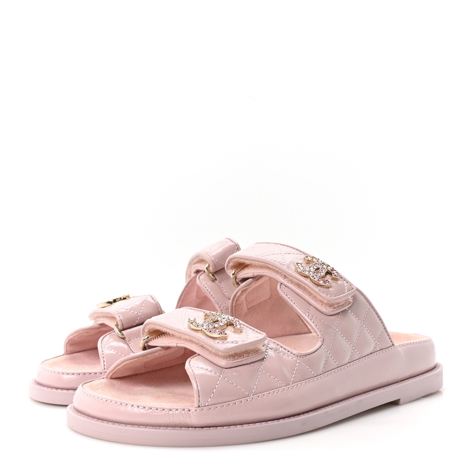 Shiny Calfskin Quilted Velcro Dad Crystal CC Slide Sandals 37.5 Light Pink