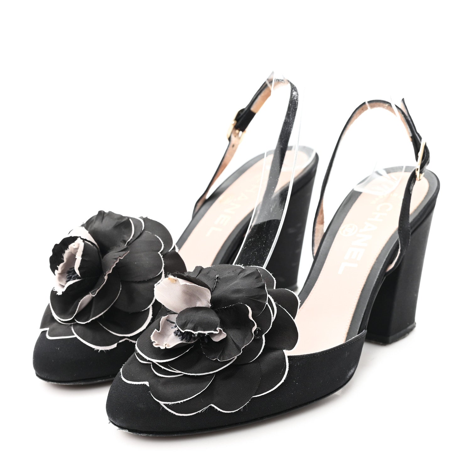 Satin Camelia Block Heels Sandals 37.5 Black