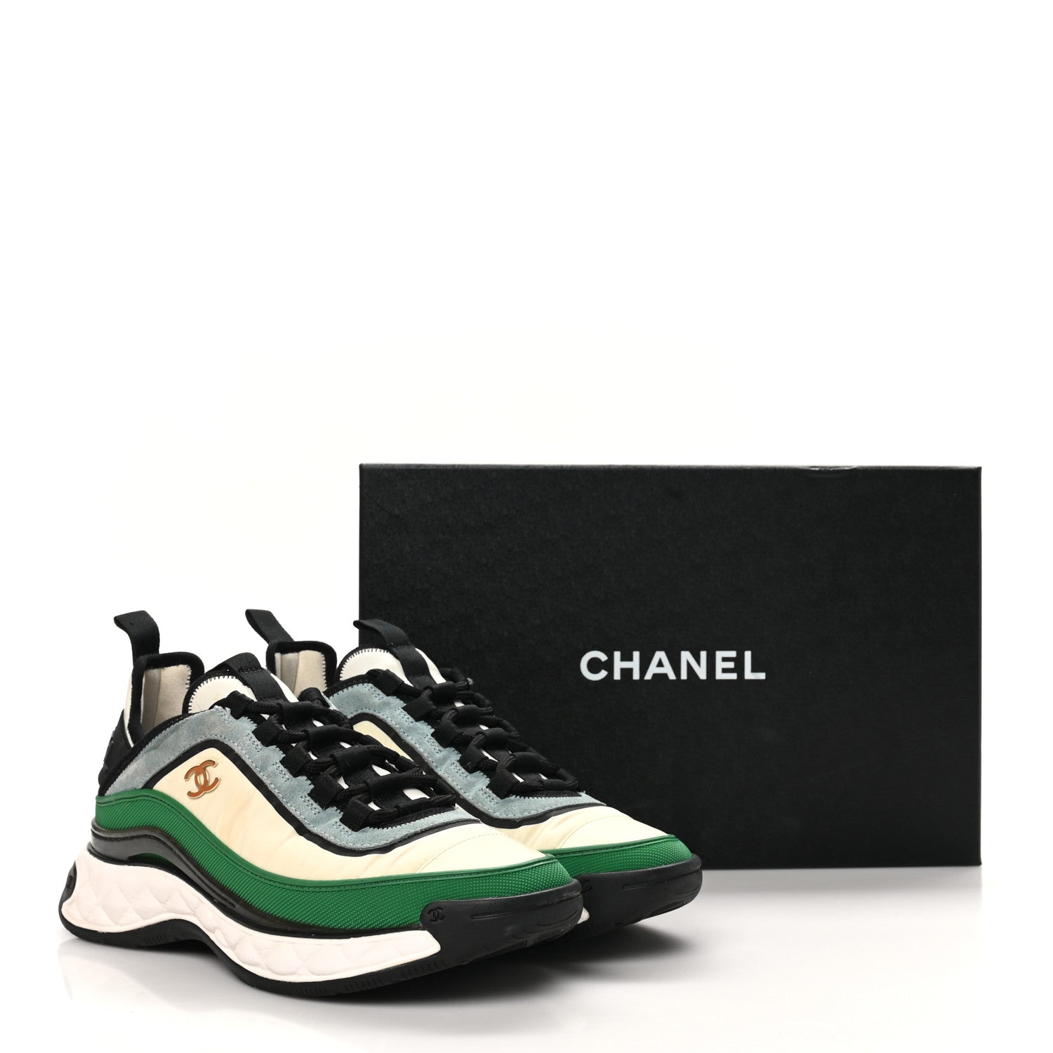 Suede Calfskin Mixed Fibers CC Sneakers 38 Ivory Green Light Blue