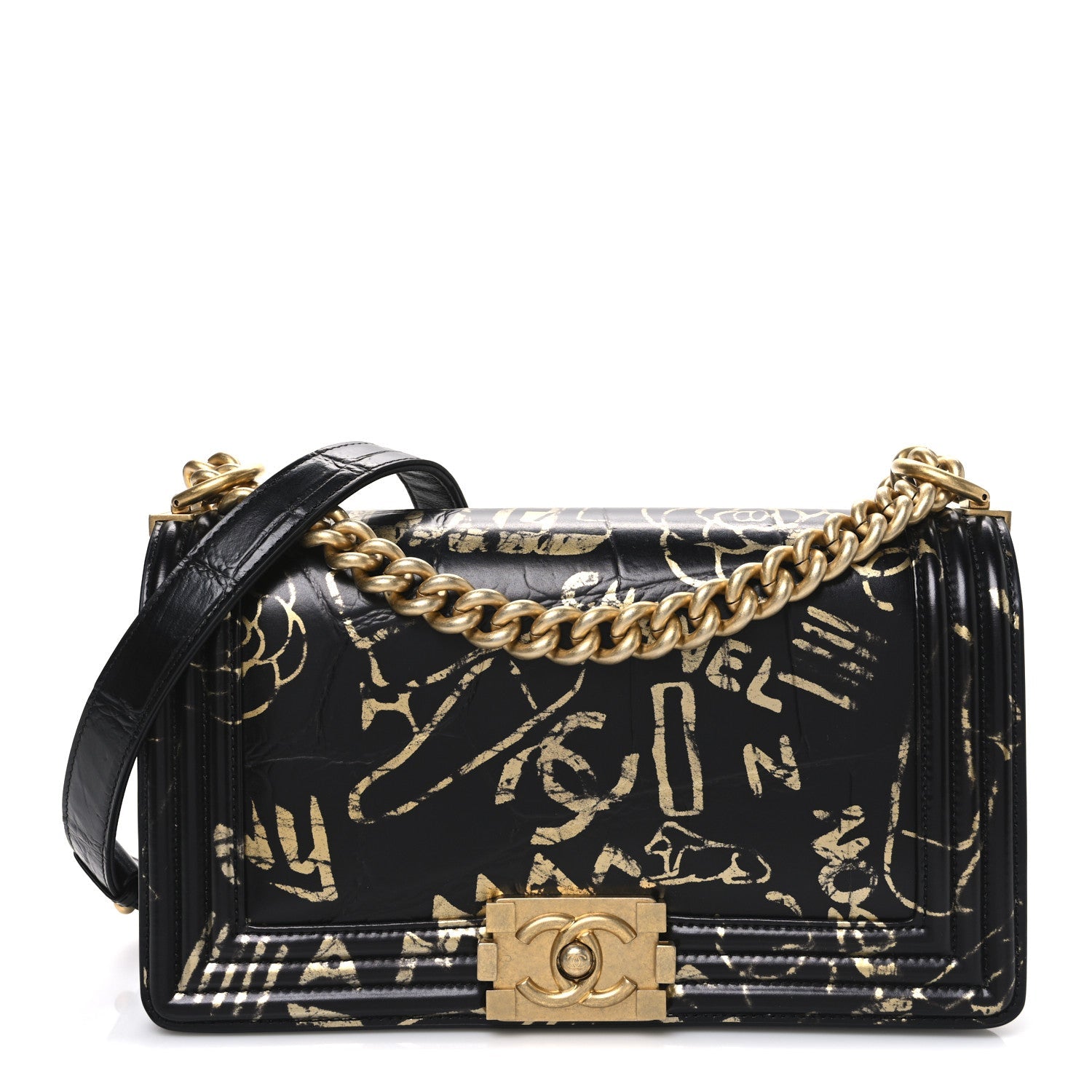 Calfskin Crocodile Embossed Graffiti Cocodile Medium Boy Flap Black