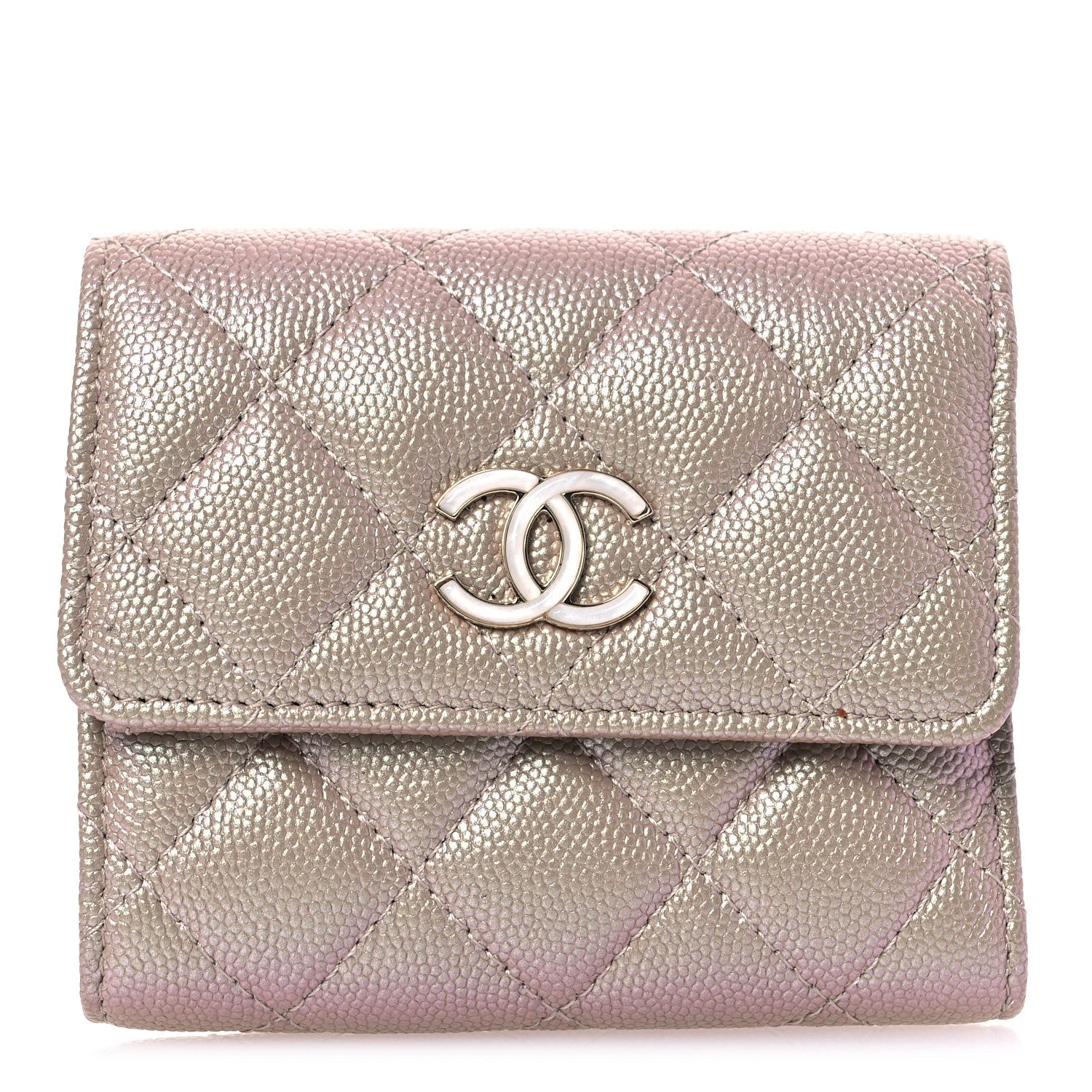 Iridescent Caviar Quilted Small Flap Wallet Beige