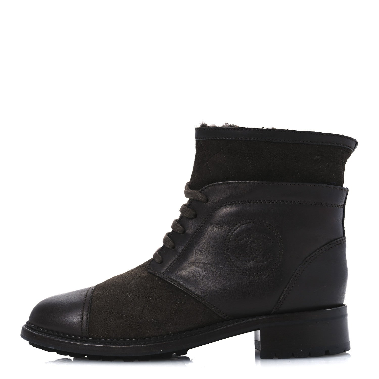 Suede Calfskin Shearling Cap Toe CC Short Boots 39 Brown