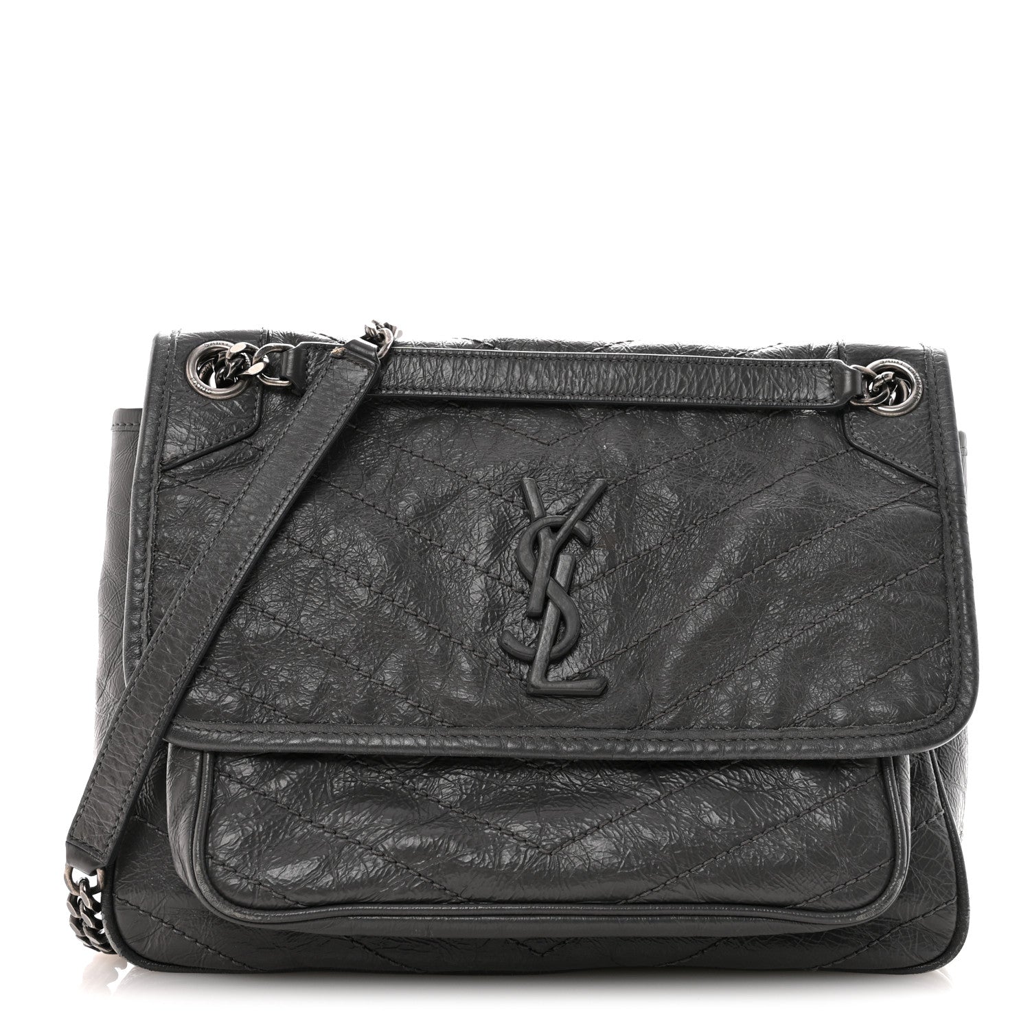 Crinkled Calfskin Matelasse Monogram Medium Niki Chain Satchel Fog