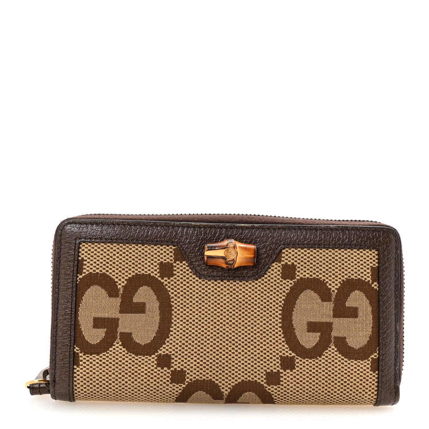 Monogram Jumbo GG Textured Dollar Calfskin Diana Zip Around Continental Wallet Camel Ebony New Acero