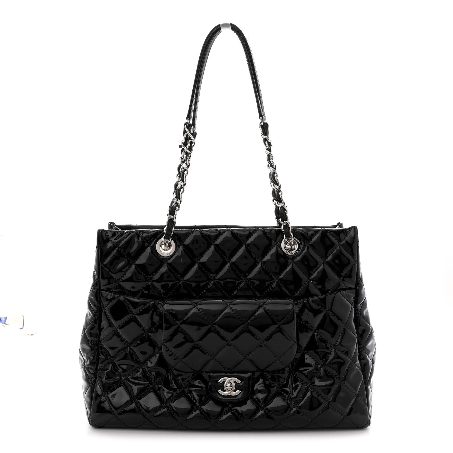 Patent Quilted Large Coco Shine Shopping Tote Black