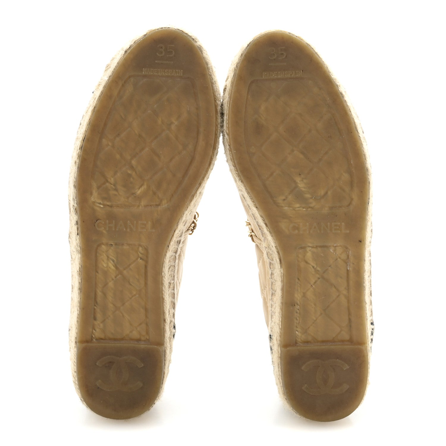 Lambskin Grosgrain Quilted CC Chain Espadrilles 35 Beige Black
