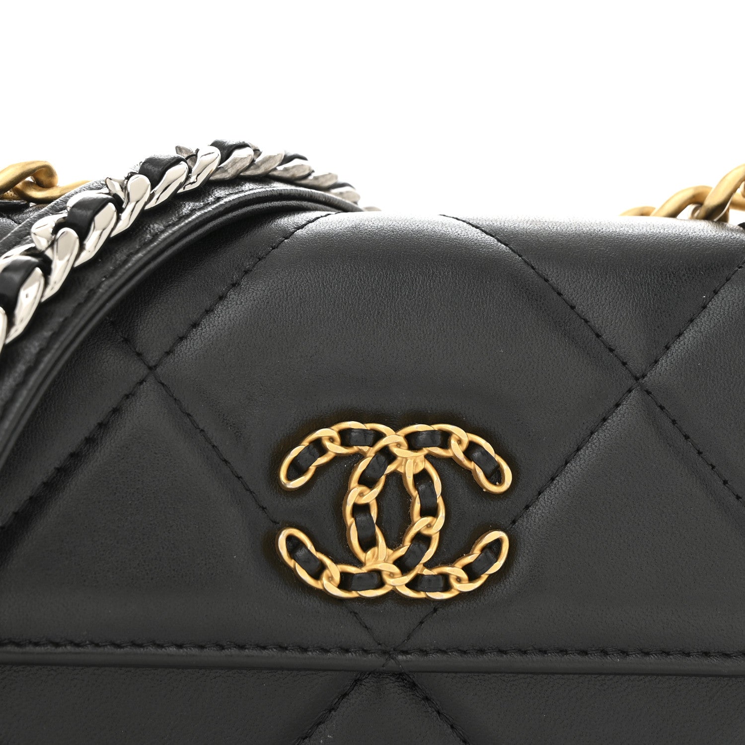 Lambskin Quilted Chanel 19 Flap Phone Holder With Chain Black