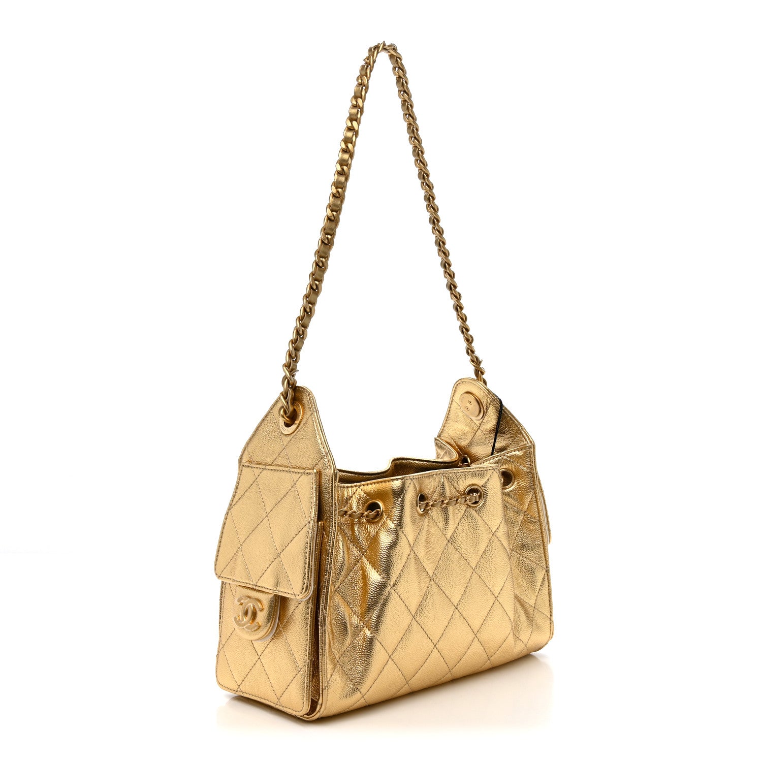 Metallic Caviar Quilted Mini Chanel 25 Handbag Gold