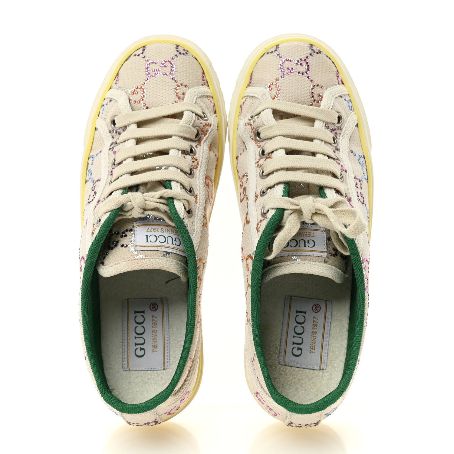 Canvas Lame Crystal GG Monogram Womens 1977 Tennis Sneakers 36 Gardenia Silver Mystic White