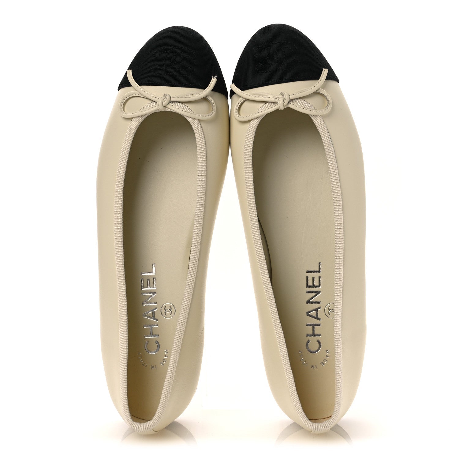 Calfskin Grosgrain Cap Toe CC Ballerina Flats 37 Ivory Black