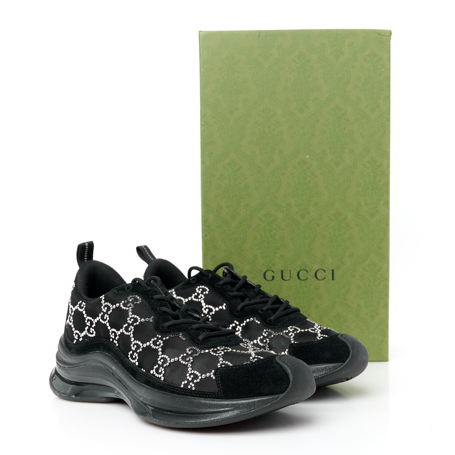 Tela Retino Mesh Crystal Suede GG Monogram Womens Gucci Run Sneakers 39 Black Silver