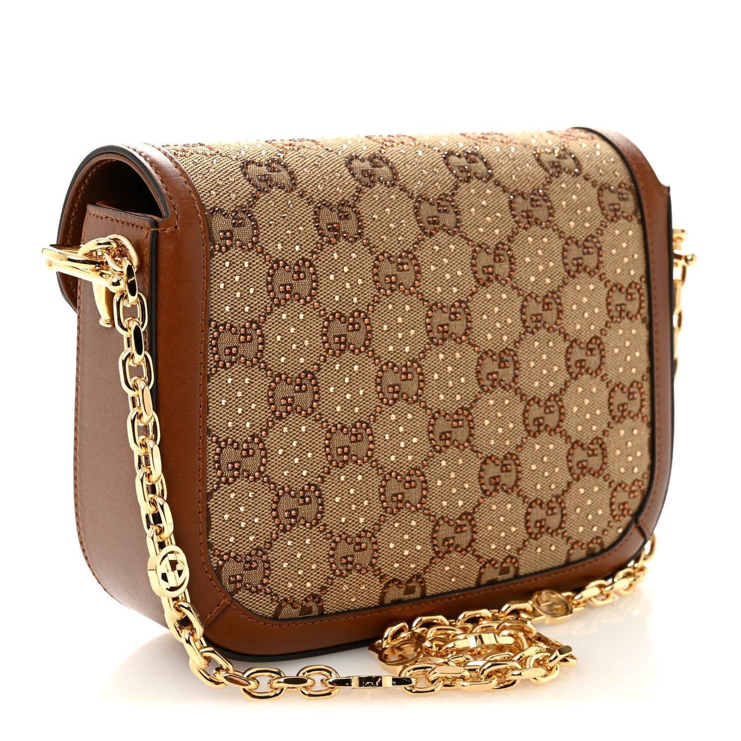 New Canvas Charisma Calfskin Crystal GG Monogram Mini Horsebit 1955 Shoulder Bag Camel Ebony