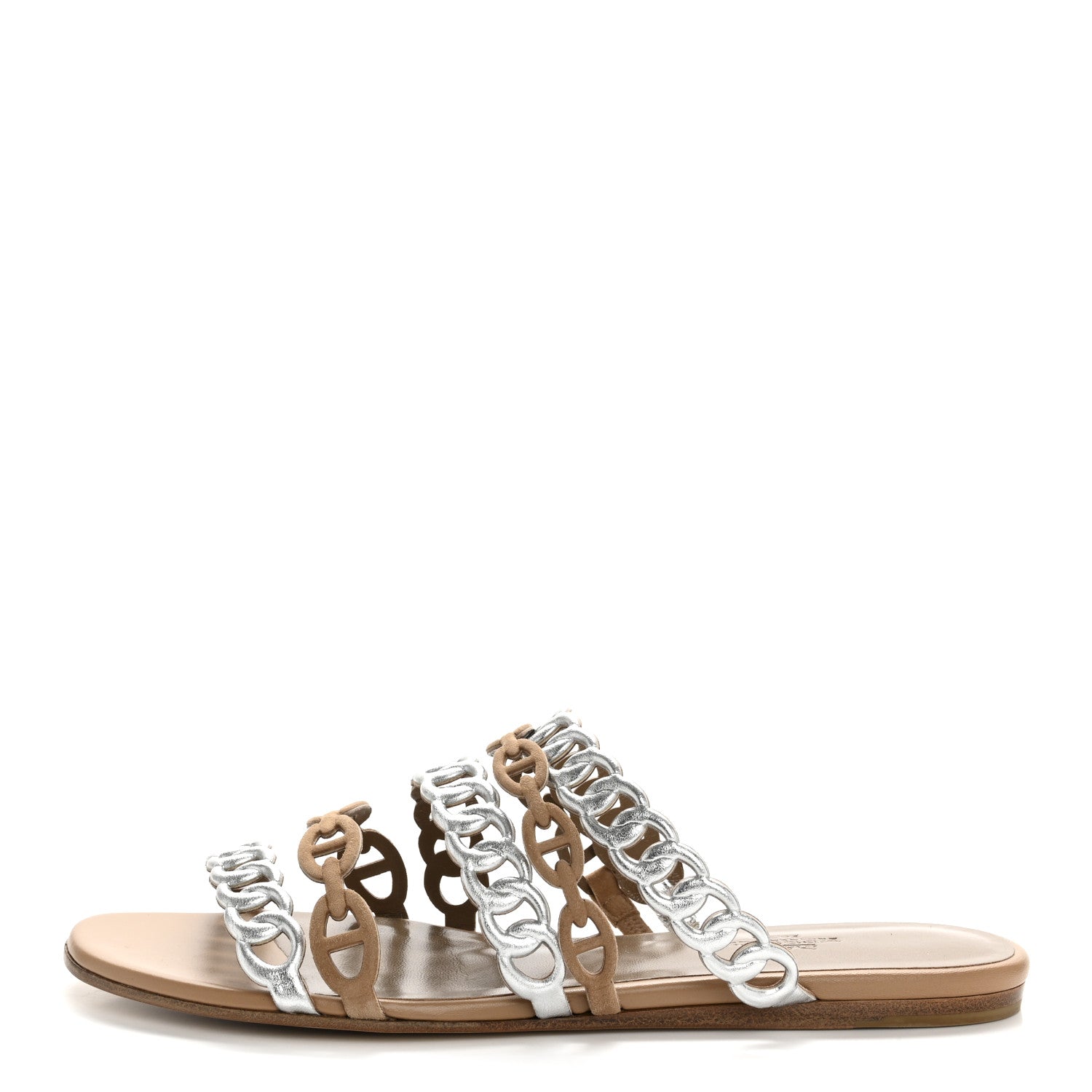 Metallic Nappa Suede Chaine d'Ancre Nude Sandals 36 Beige Sable Gris Argente