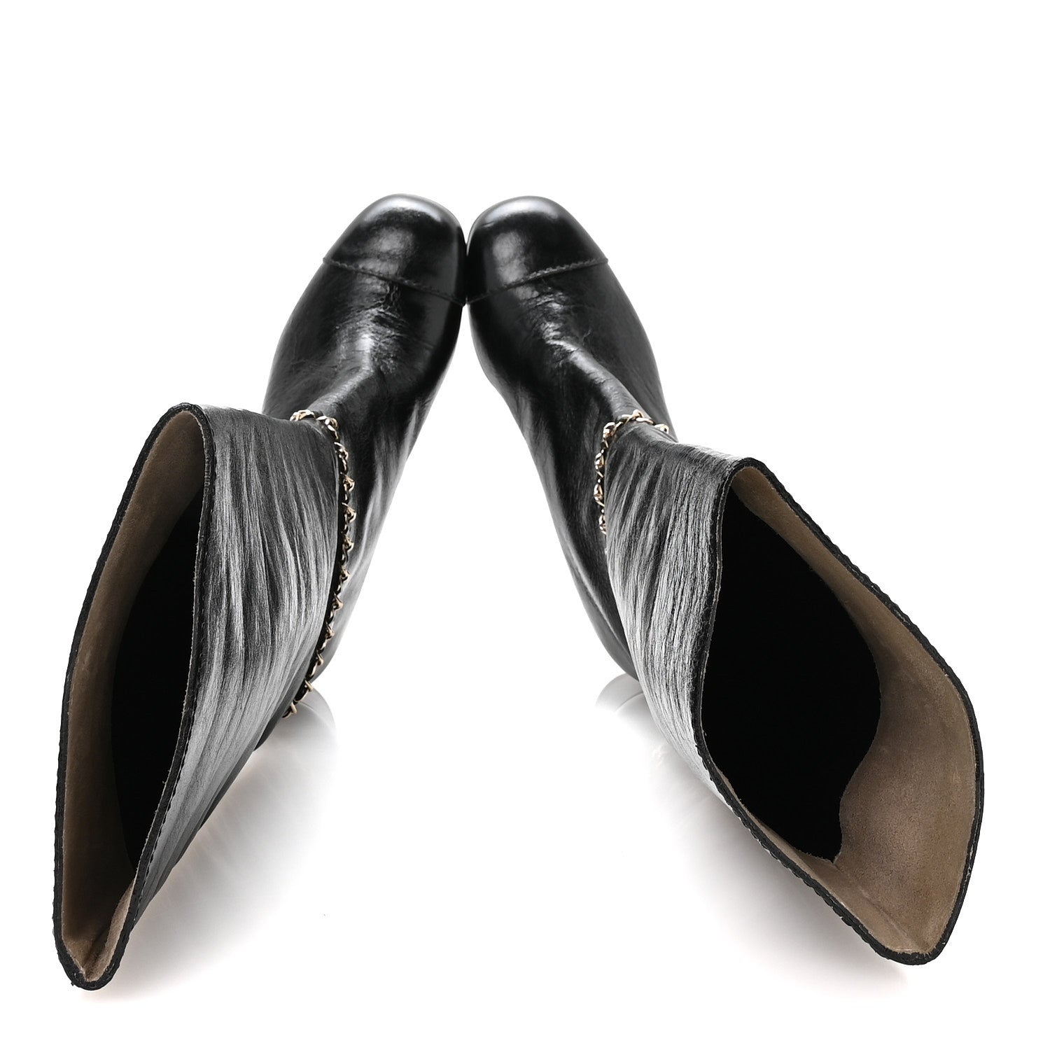 Crumpled Calfskin Cap Toe Chain Boots 36 Black