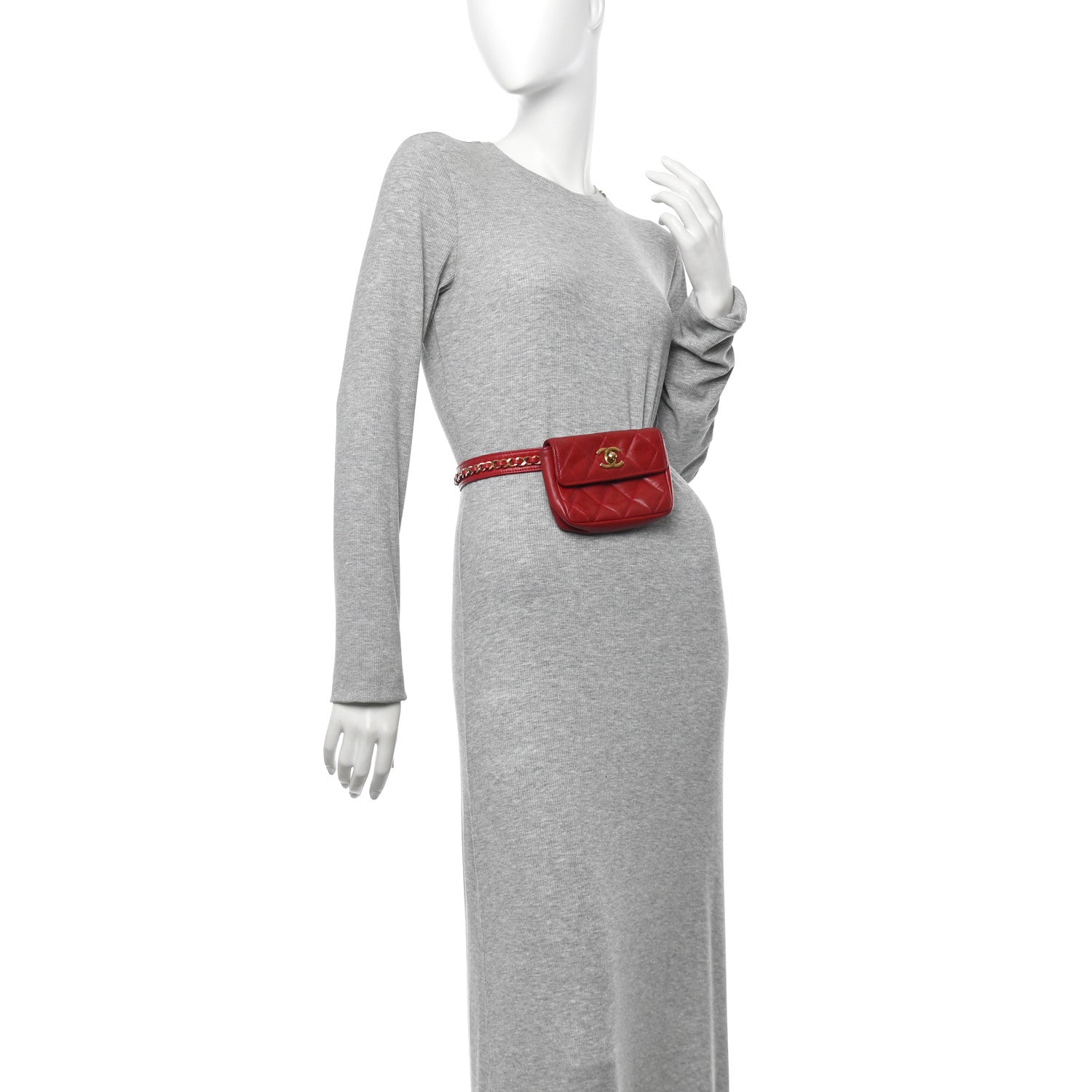 Lambskin Quilted Waist Chain Belt Flap Bag Red