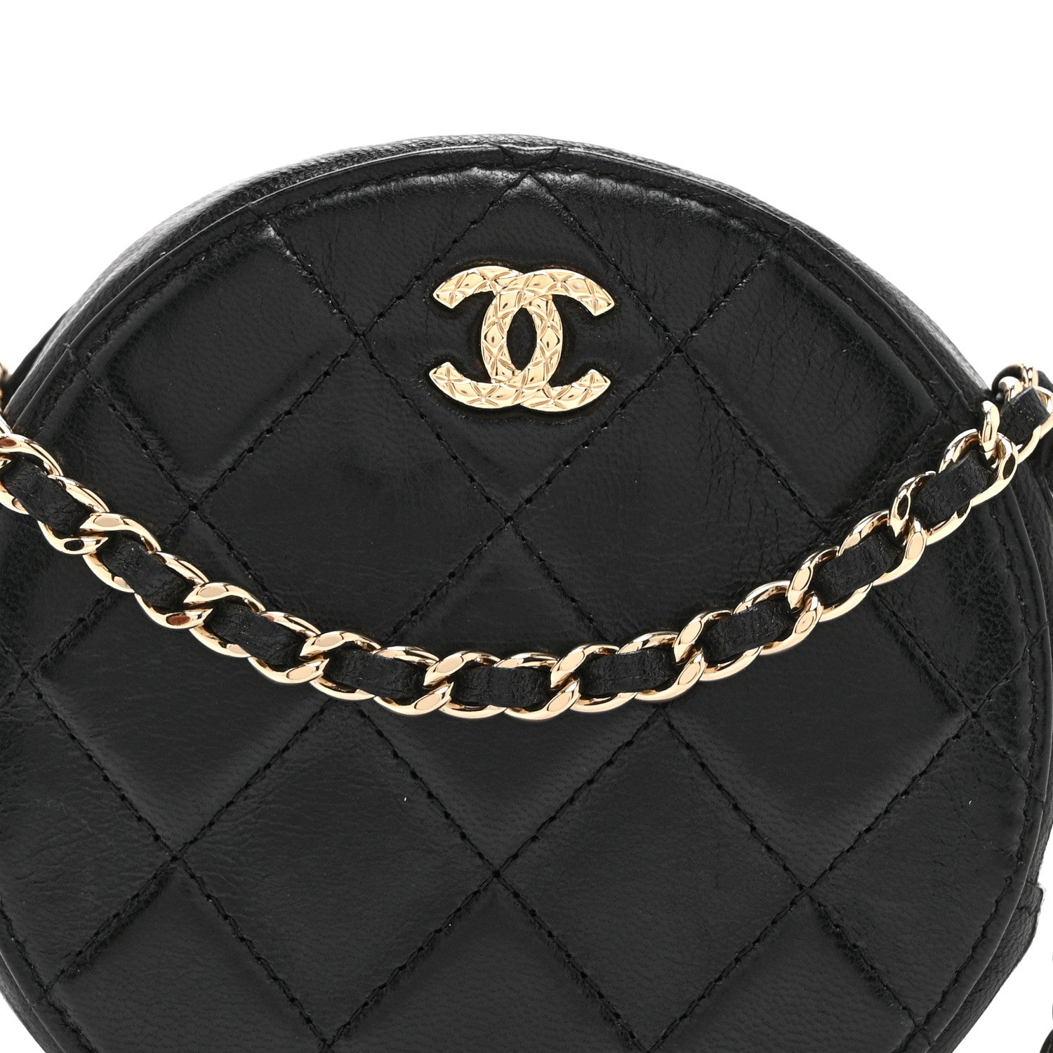 Calfskin Round Clutch With Chain Black