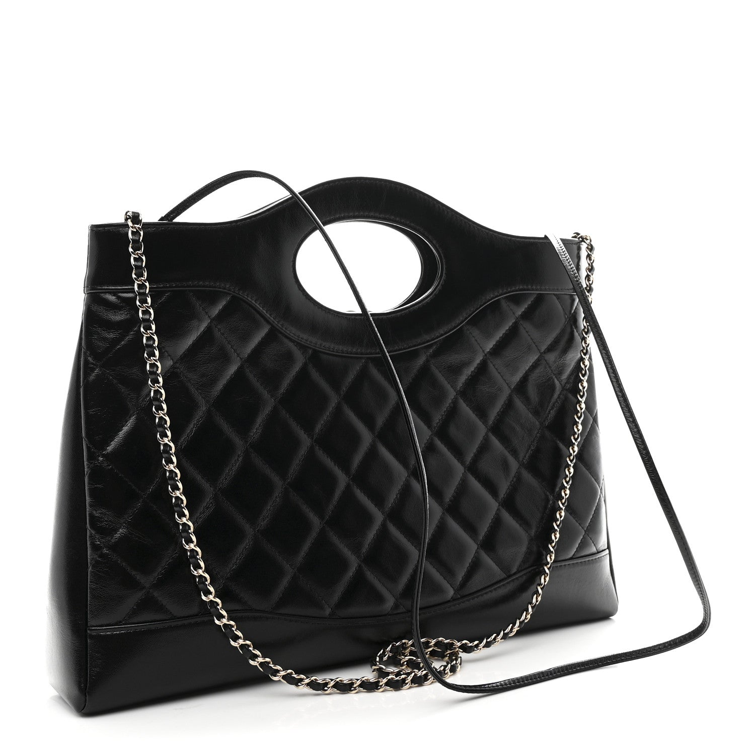 Shiny Lambskin Quilted 31 Shopping Bag Black