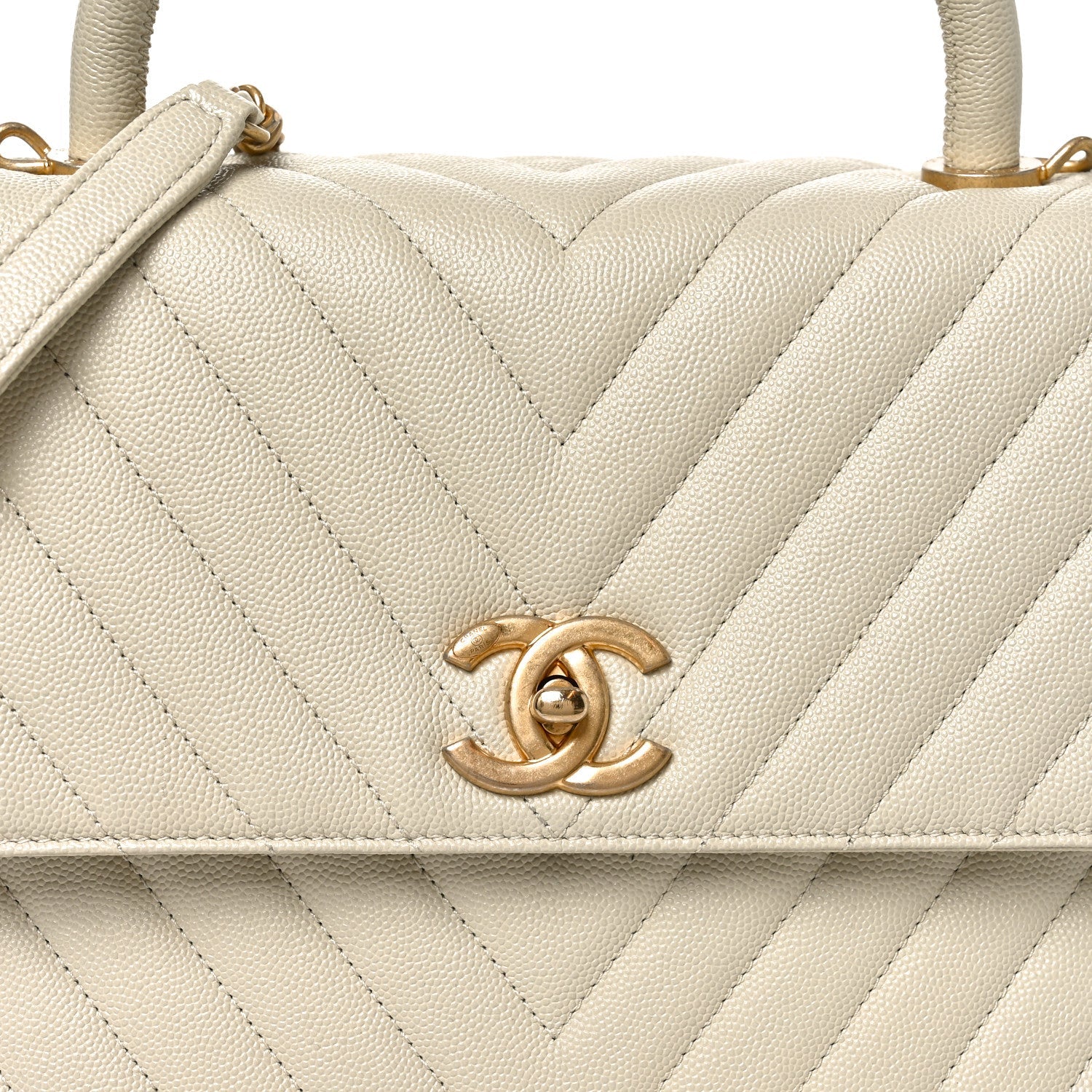 Caviar Chevron Quilted Medium Coco Handle Flap White
