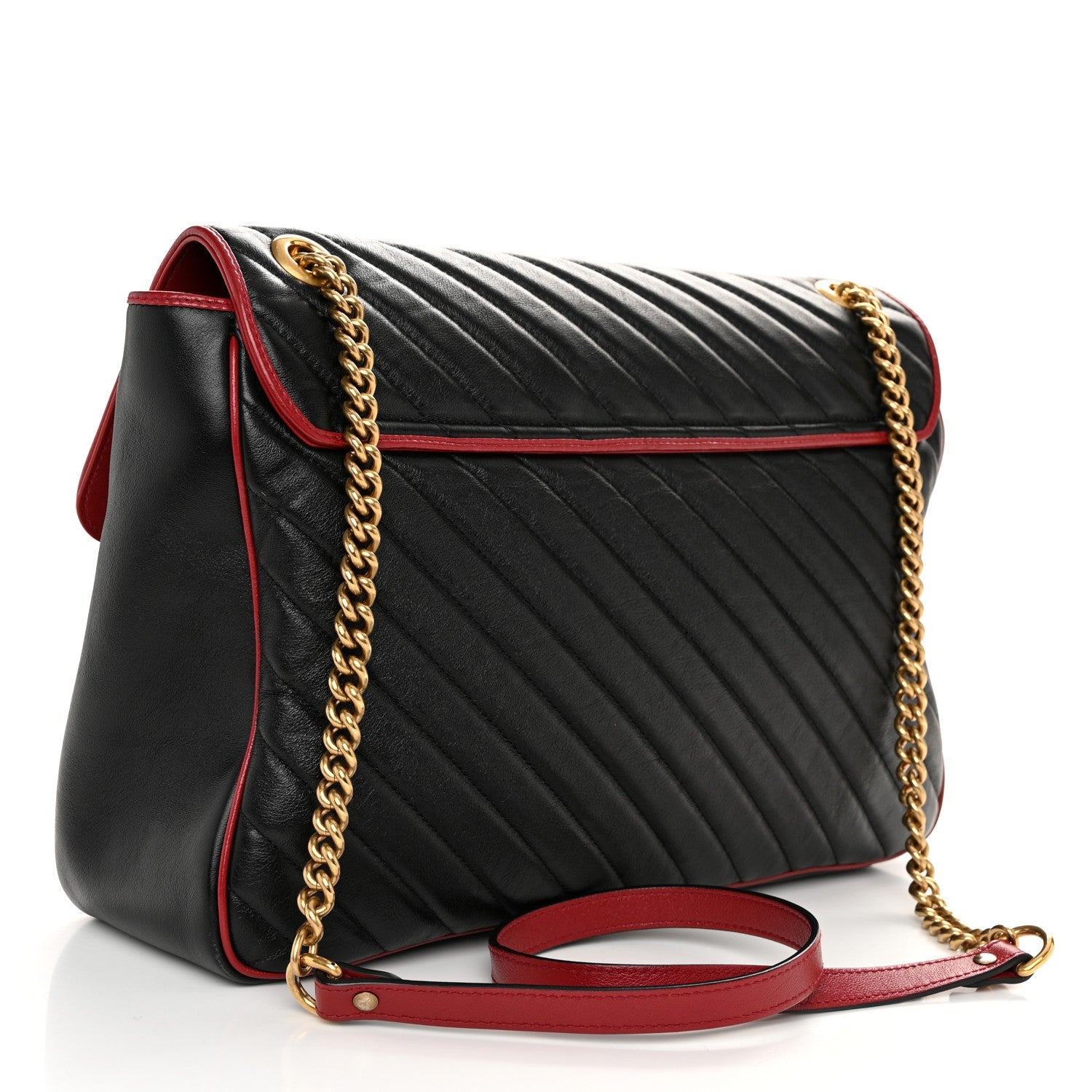 Vintage Effect Calfskin Matelasse Diagonal Large Torchon GG Marmont Shoulder Bag Black Romantic Cherry
