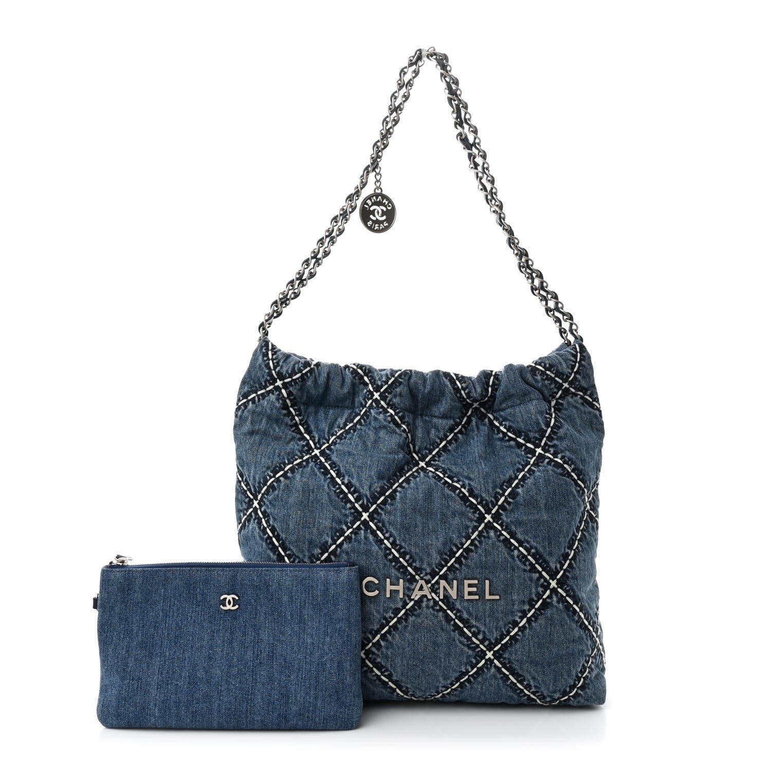Denim Quilted Stitched Small Chanel 22 Blue