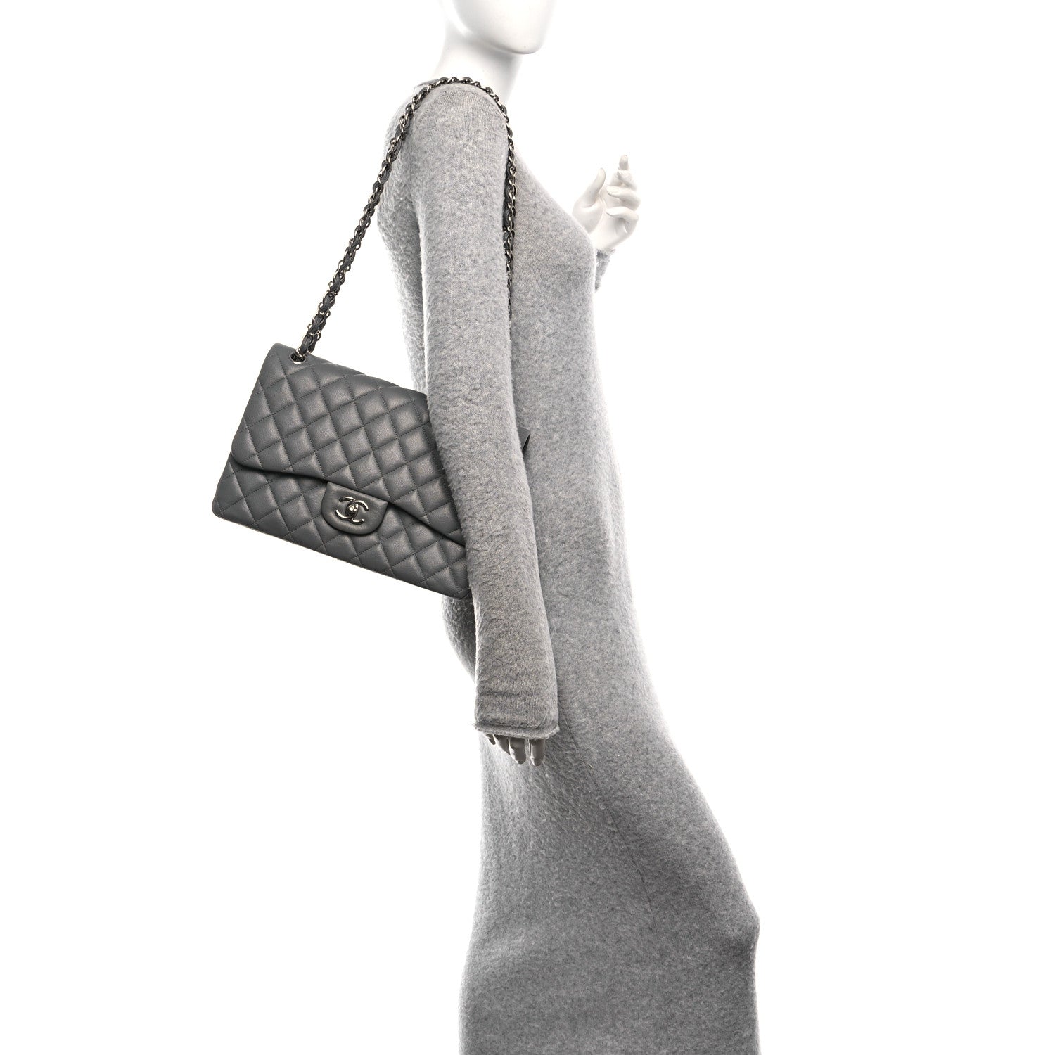 Caviar Quilted Jumbo Double Flap Grey