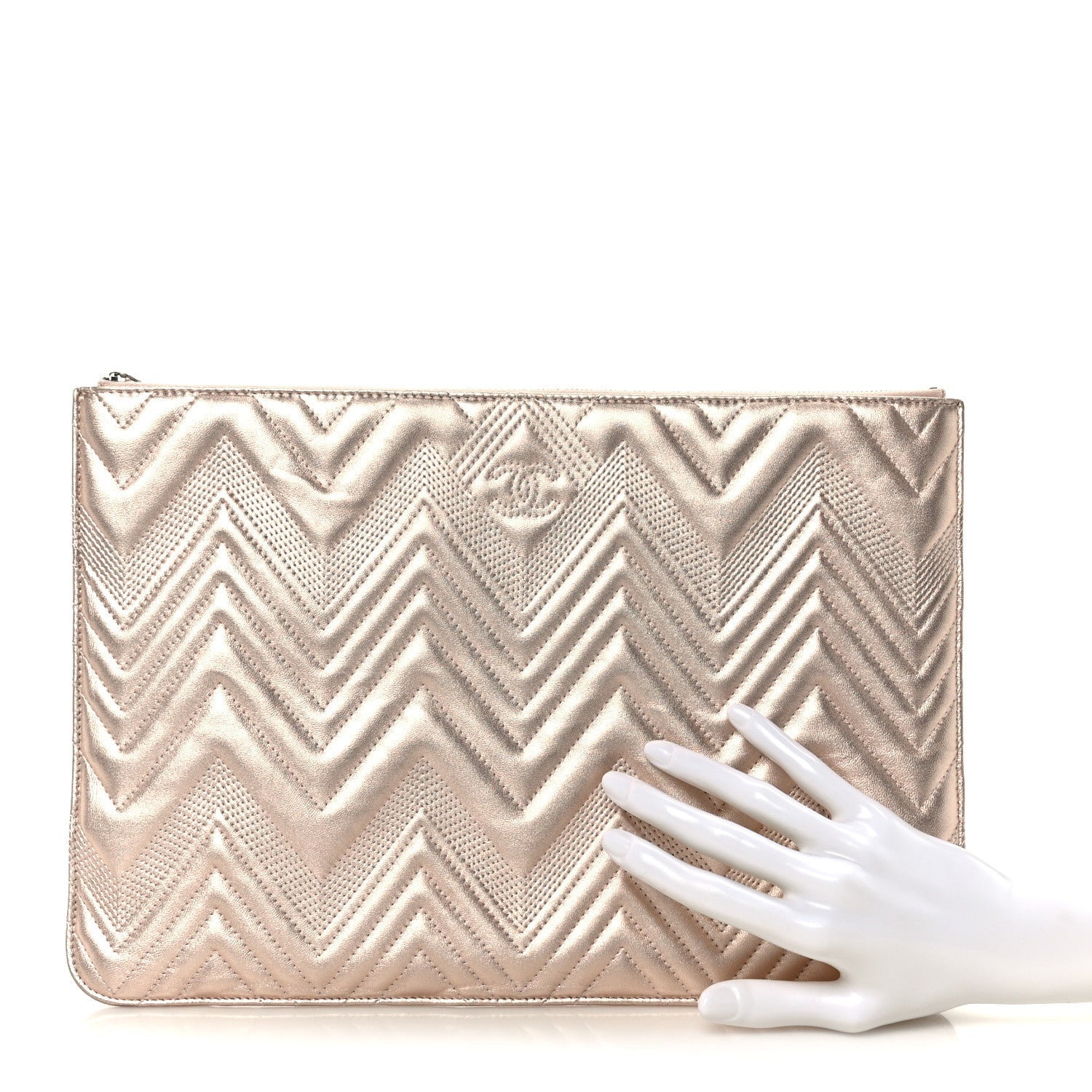 Metallic Lambskin Chevron Quilted Medium Cosmetic Case Light Pink