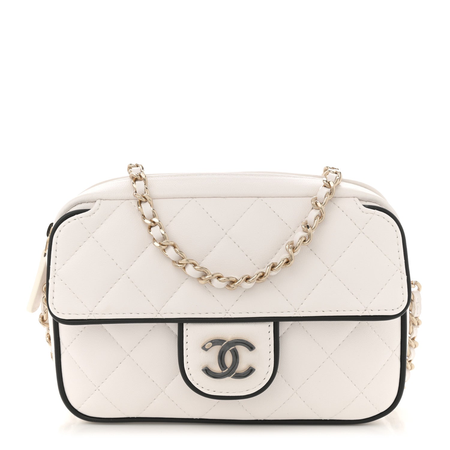 Lambskin Resin Quilted Chain Camera Bag White Black