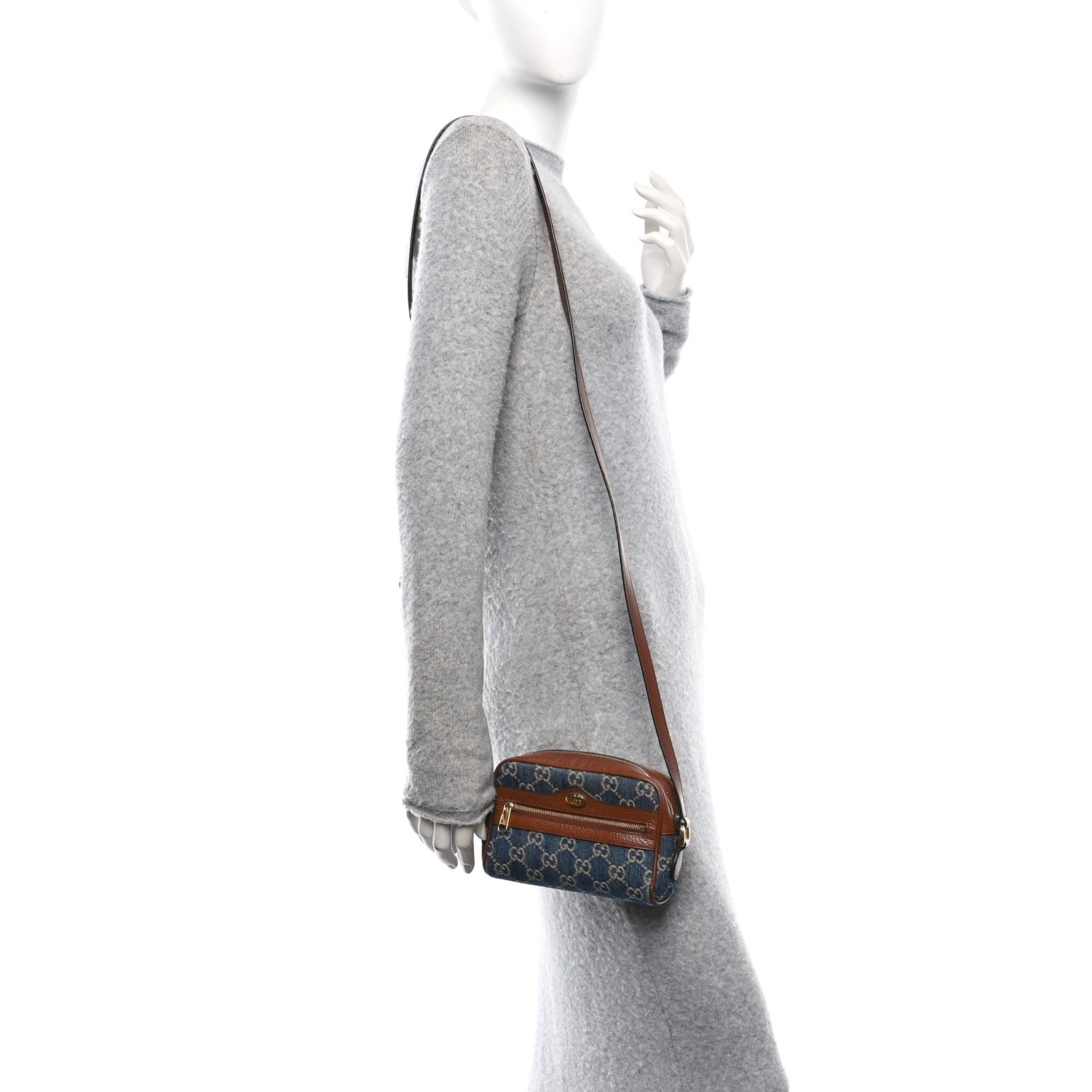 New Denim GG Monogram Dollar Calfskin Mini Ophidia Shoulder Bag Blue Tea Cuir Epilog