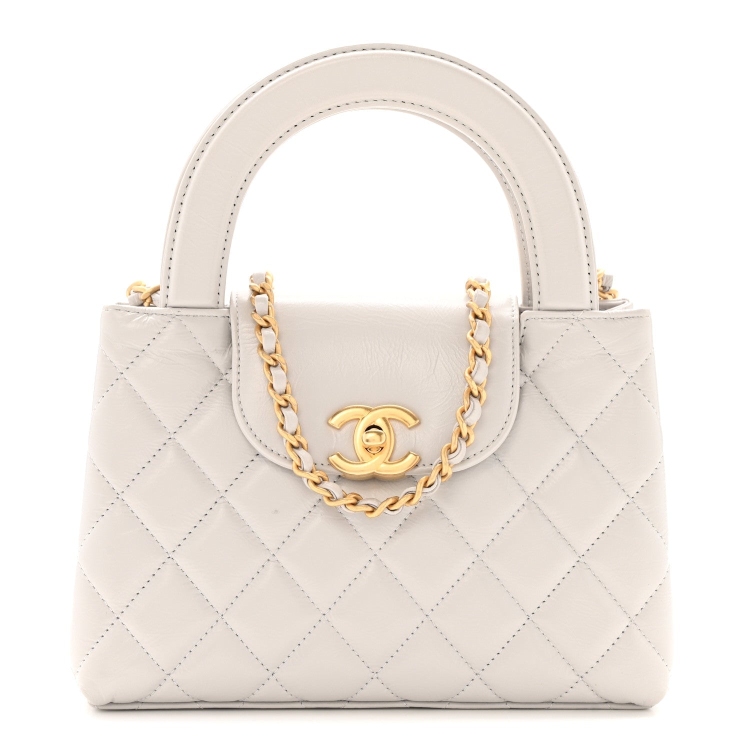 Shiny Aged Calfskin Quilted Nano Kelly Shopper Light Grey